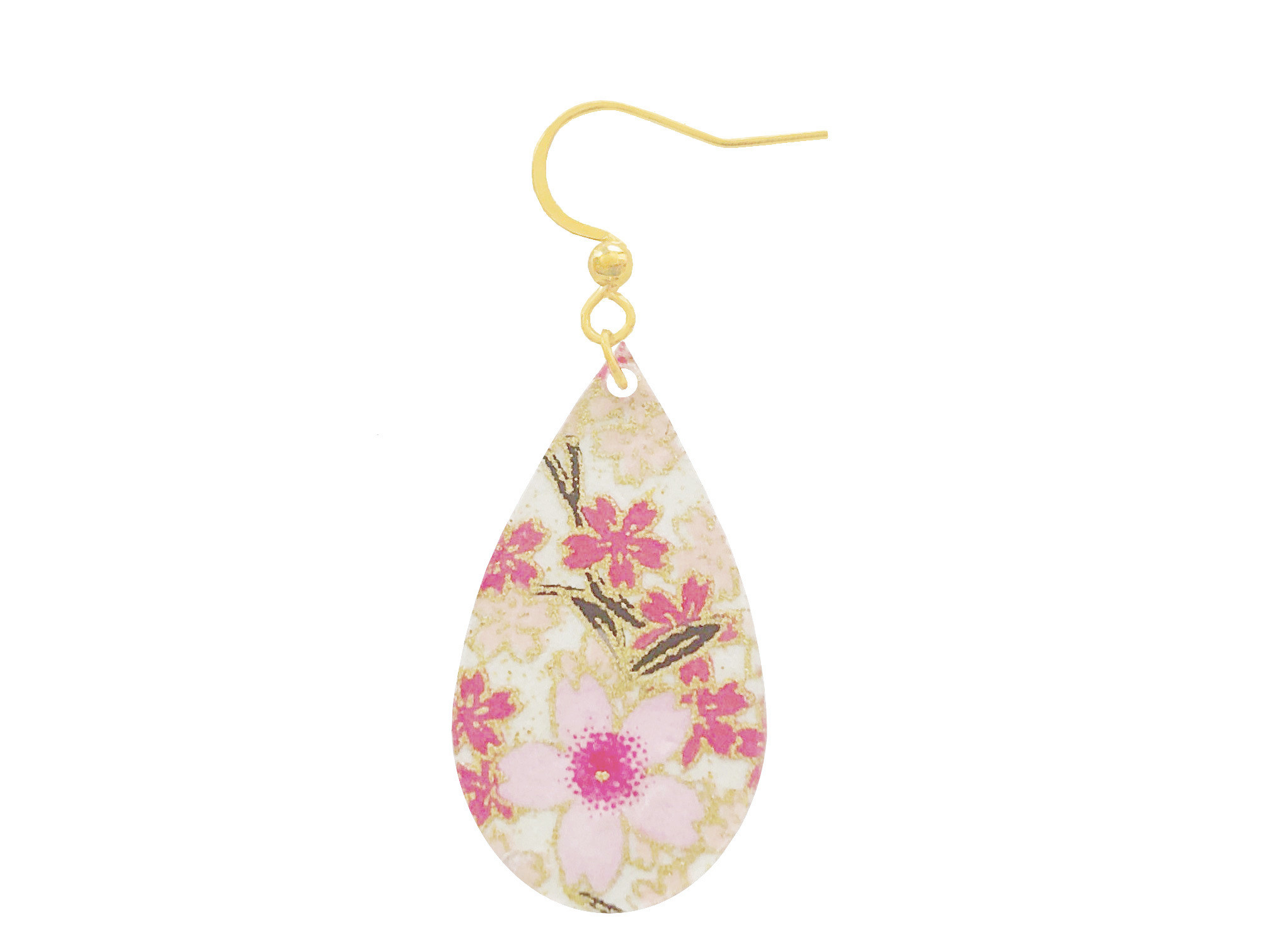 Boucles doreilles AMAYA acier inoxydable doré papier japonais washi fleurs couleur rose blanc