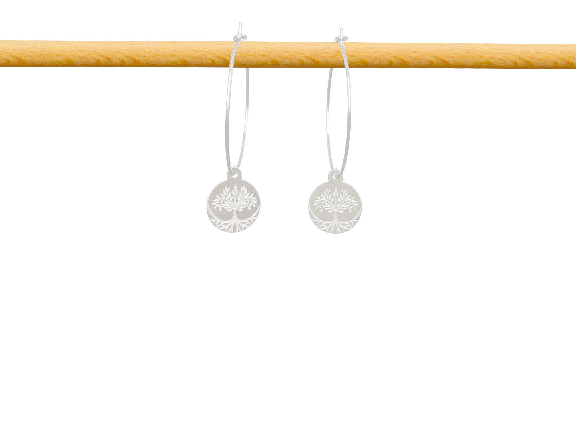 Boucles d'oreilles ASRAR créoles acier inoxydable argent pendentif arbre de vie-minimaliste-bohème- MARJANE et Cie