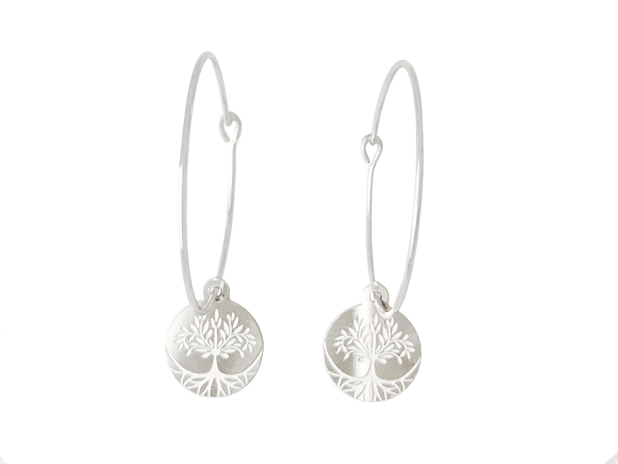 Boucles doreilles ASRAR créoles acier inoxydable argent pendentif rond arbre de vie minimaliste