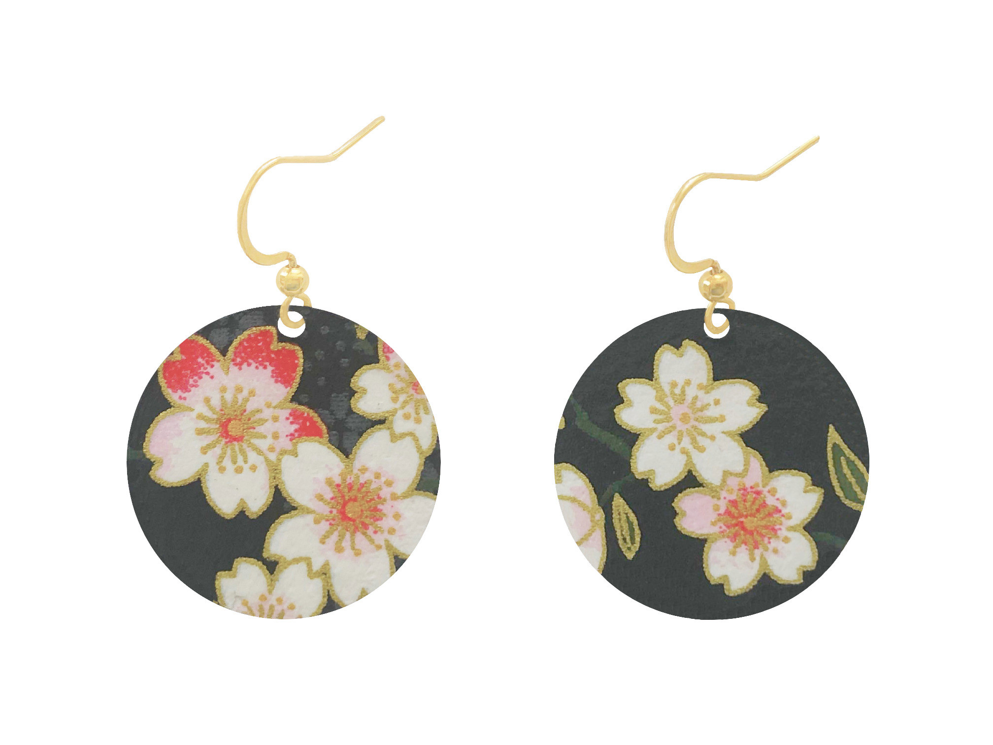 Boucles doreilles ASUKA acier inoxydable doré or pendentif papier washi japonais fleurs couleur noir rose minimaliste