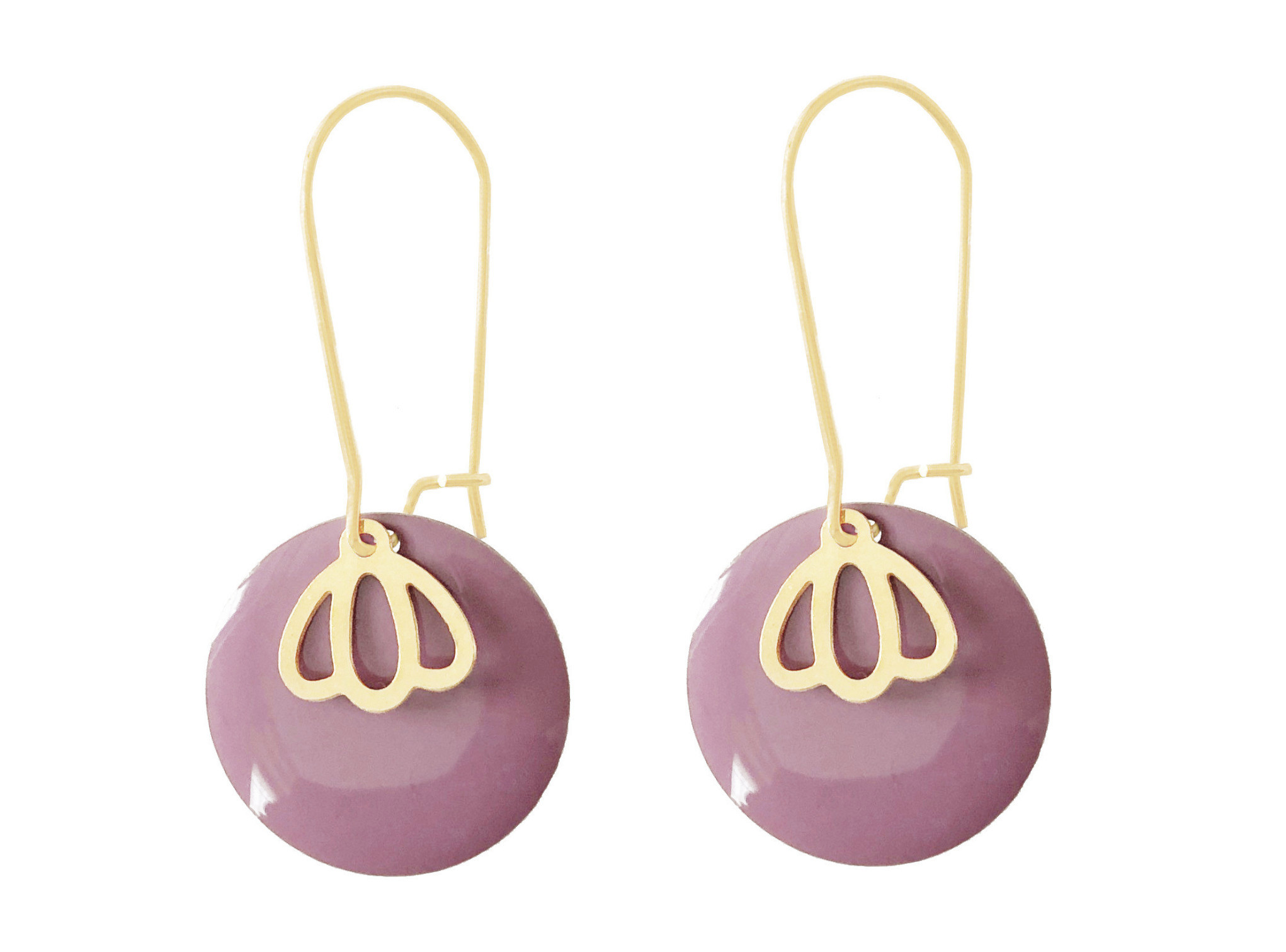 Boucles doreilles CHANZAÏ pendantes acier inoxydable doré or sequin rond émaillé mauve minimaliste