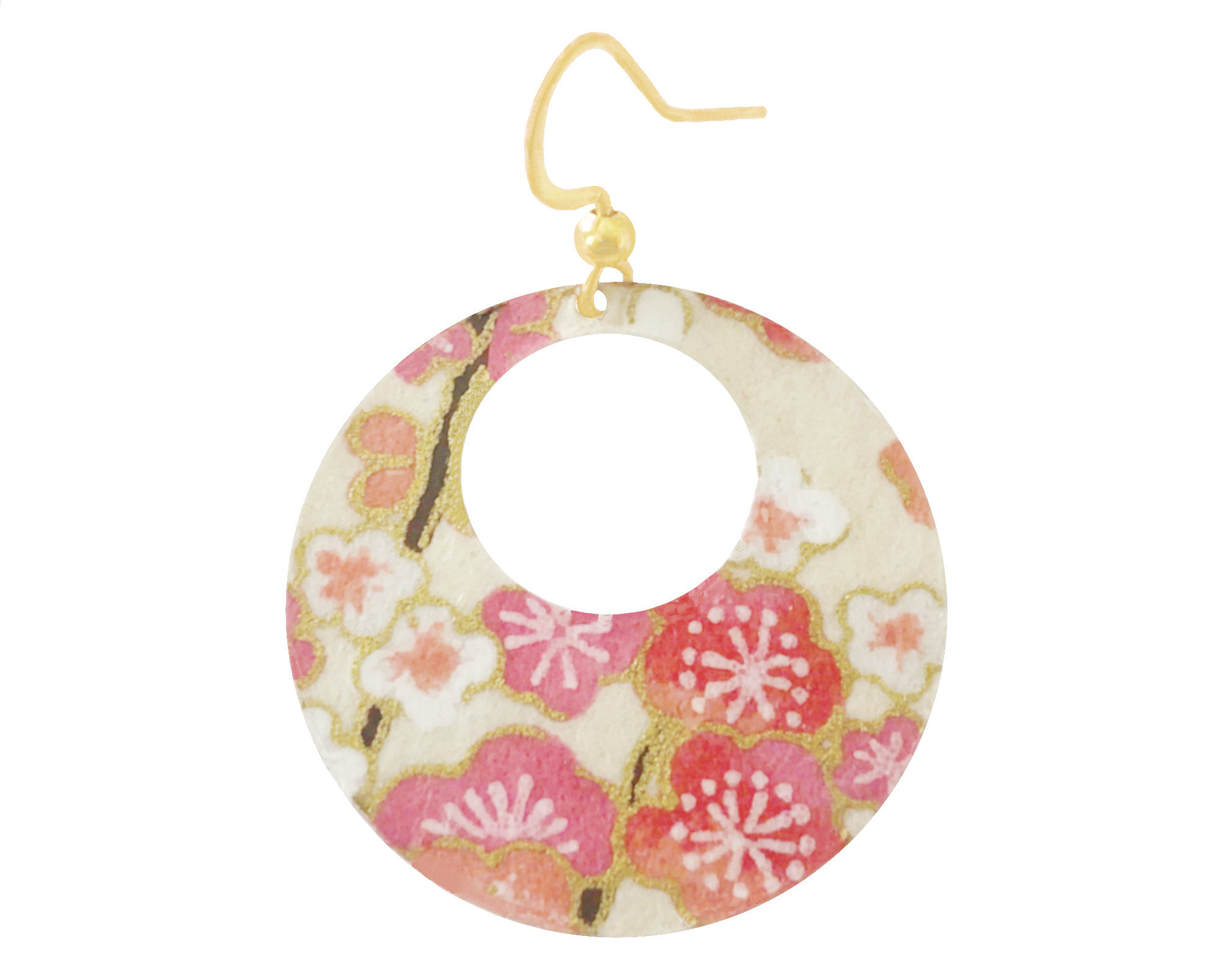 Boucles doreilles CHO acier inoxydable doré or pendentif papier washi japonais fleurs couleur beige rose