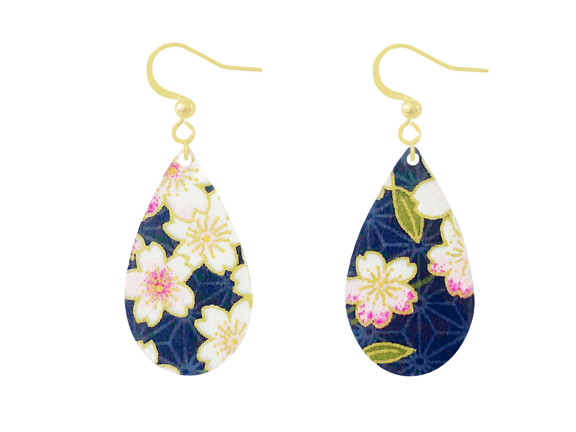 Boucles doreilles EMIKA acier inoxydable doré or pendentif papier washi japonais fleurs couleur bleu rose minimaliste