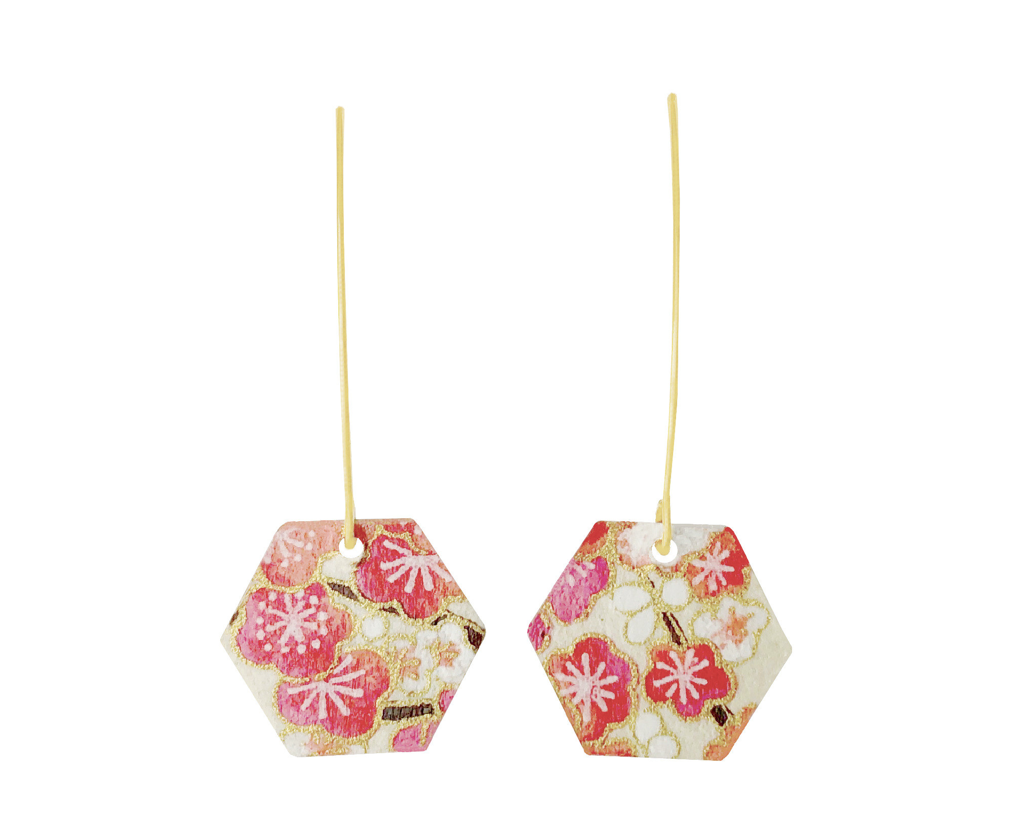 Boucles doreilles FUMI acier inoxydable doré or longues pendentif papier washi japonais fleurs couleur rose beige minimaliste