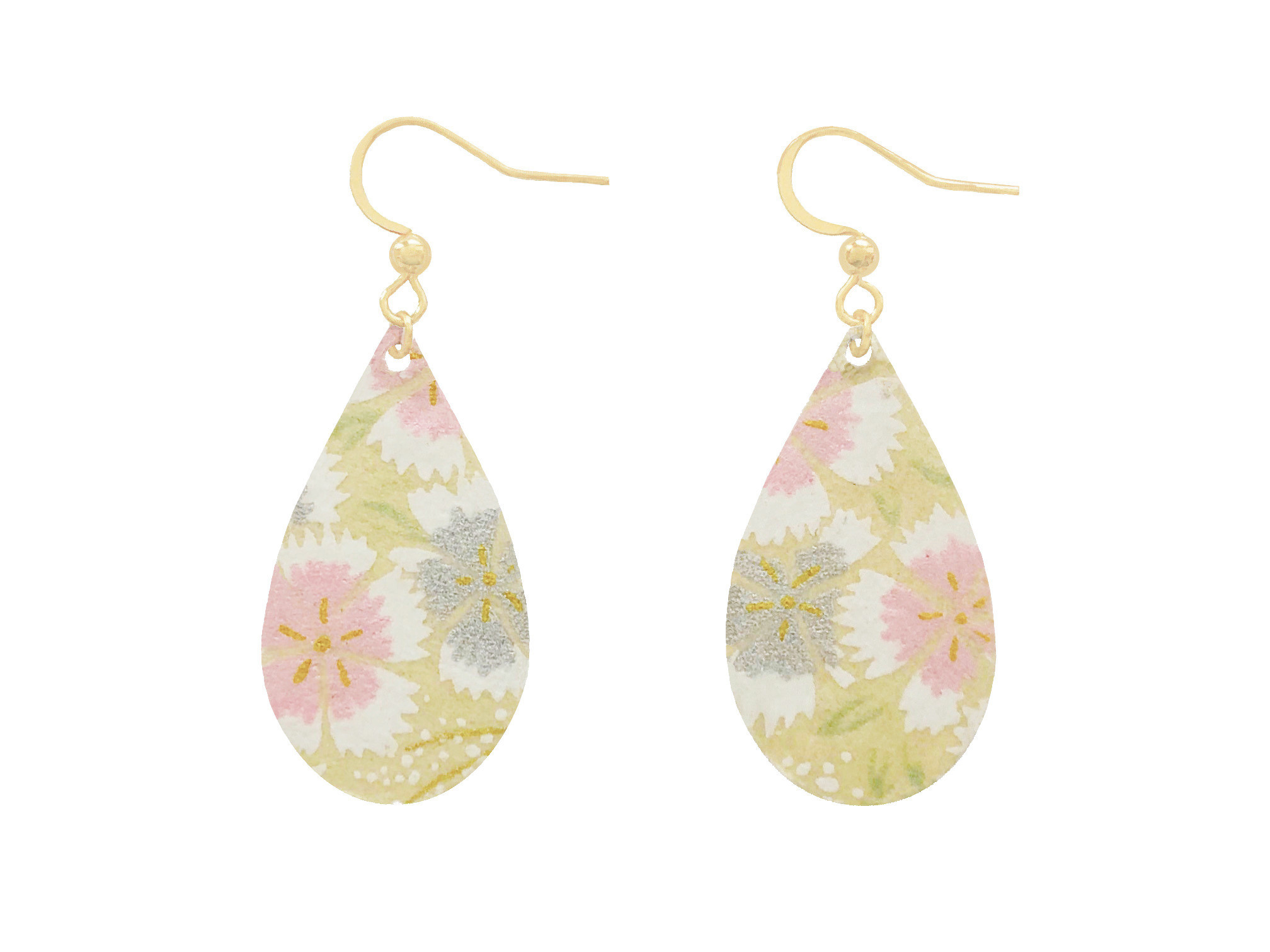 Boucles doreilles HIDEKA papier japonais washi fleurs couleur beige rose acier inoxydable or minimaliste