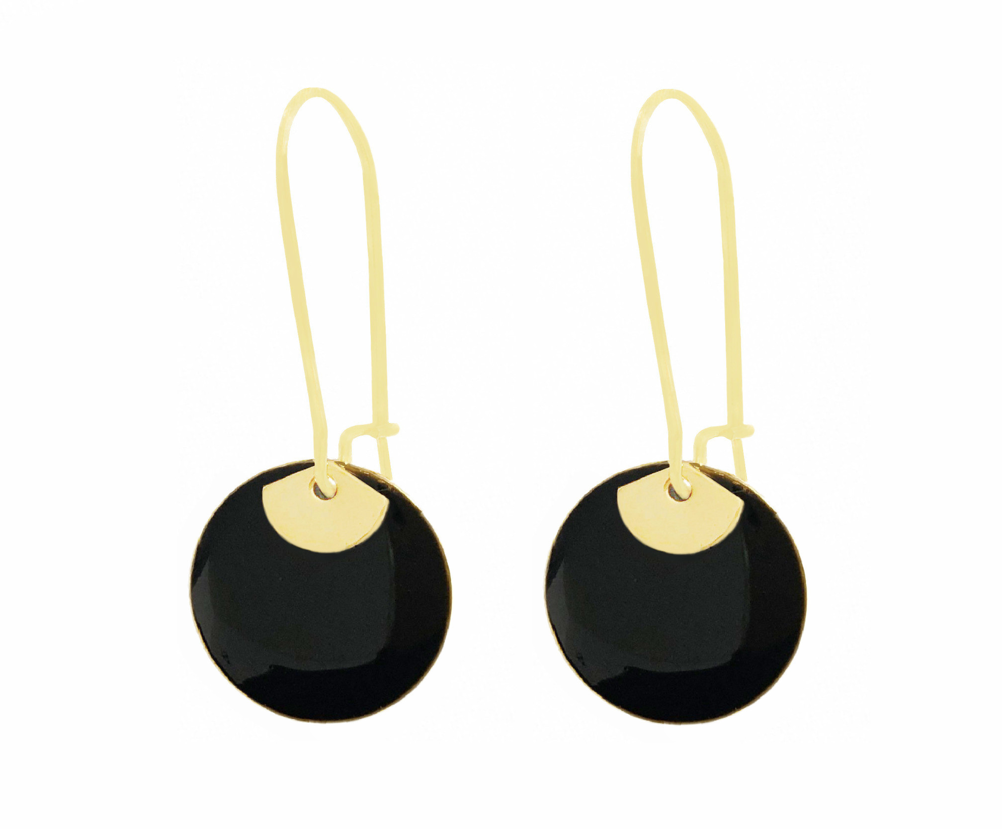 Boucles doreilles ADEOLA pendantes acier inoxydable doré or sequin émaillé rond couleur noire minimaliste