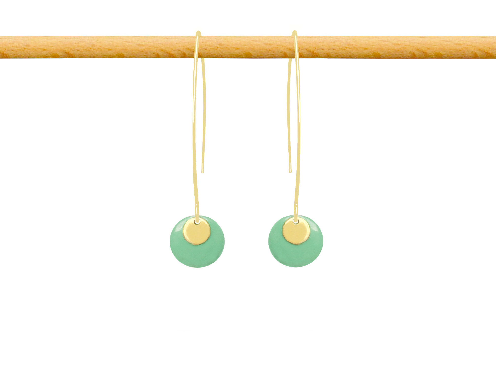 Boucles d'oreilles NIGAR6 longues pendantes acier inoxydable doré or sequin émaillé couleur vert-minimaliste-bohème- MARJANE et Cie