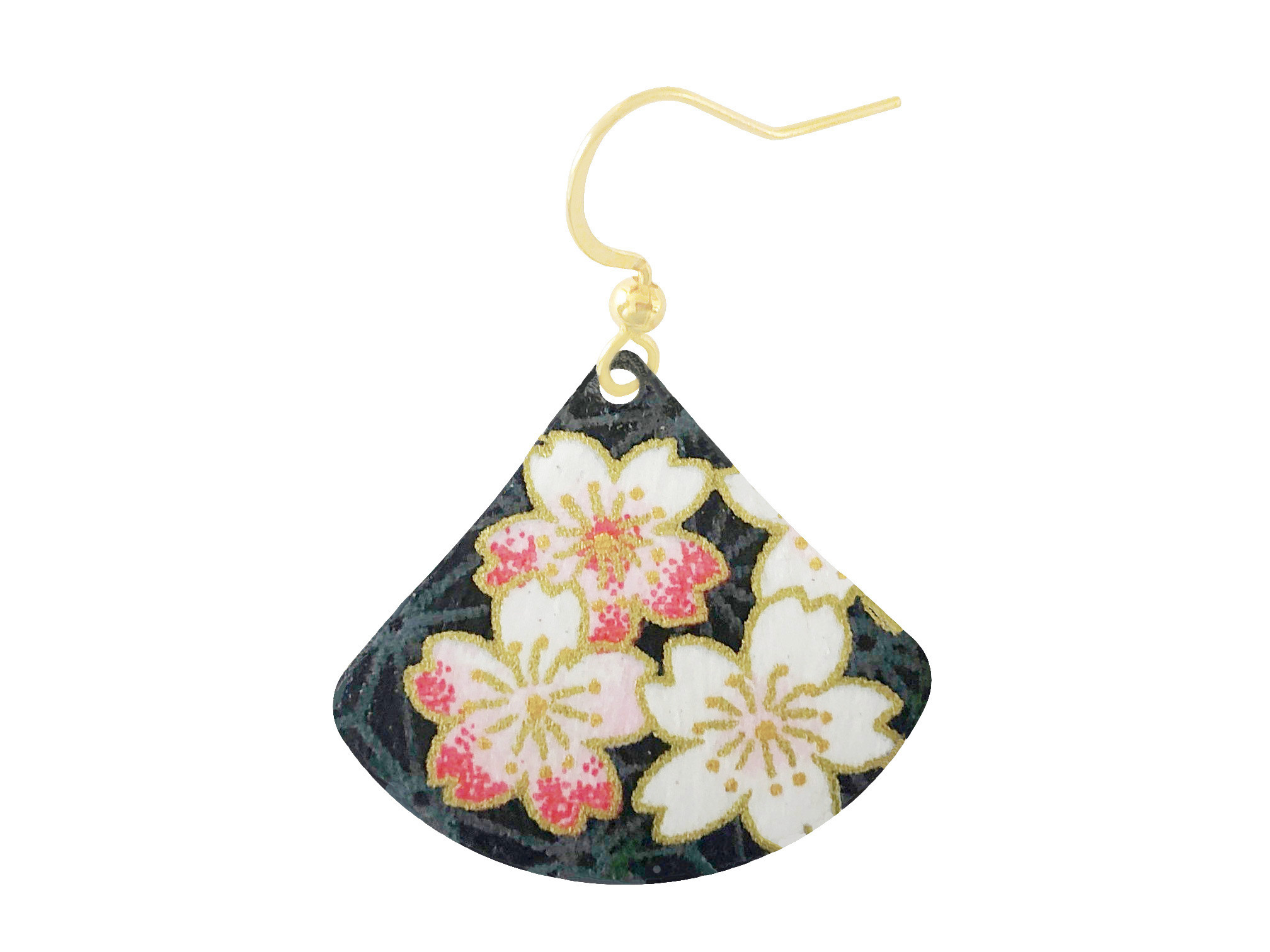 Boucles doreilles RURI acier inoxydable doré or pendentif papier japonais washi fleurs couleur noir rose