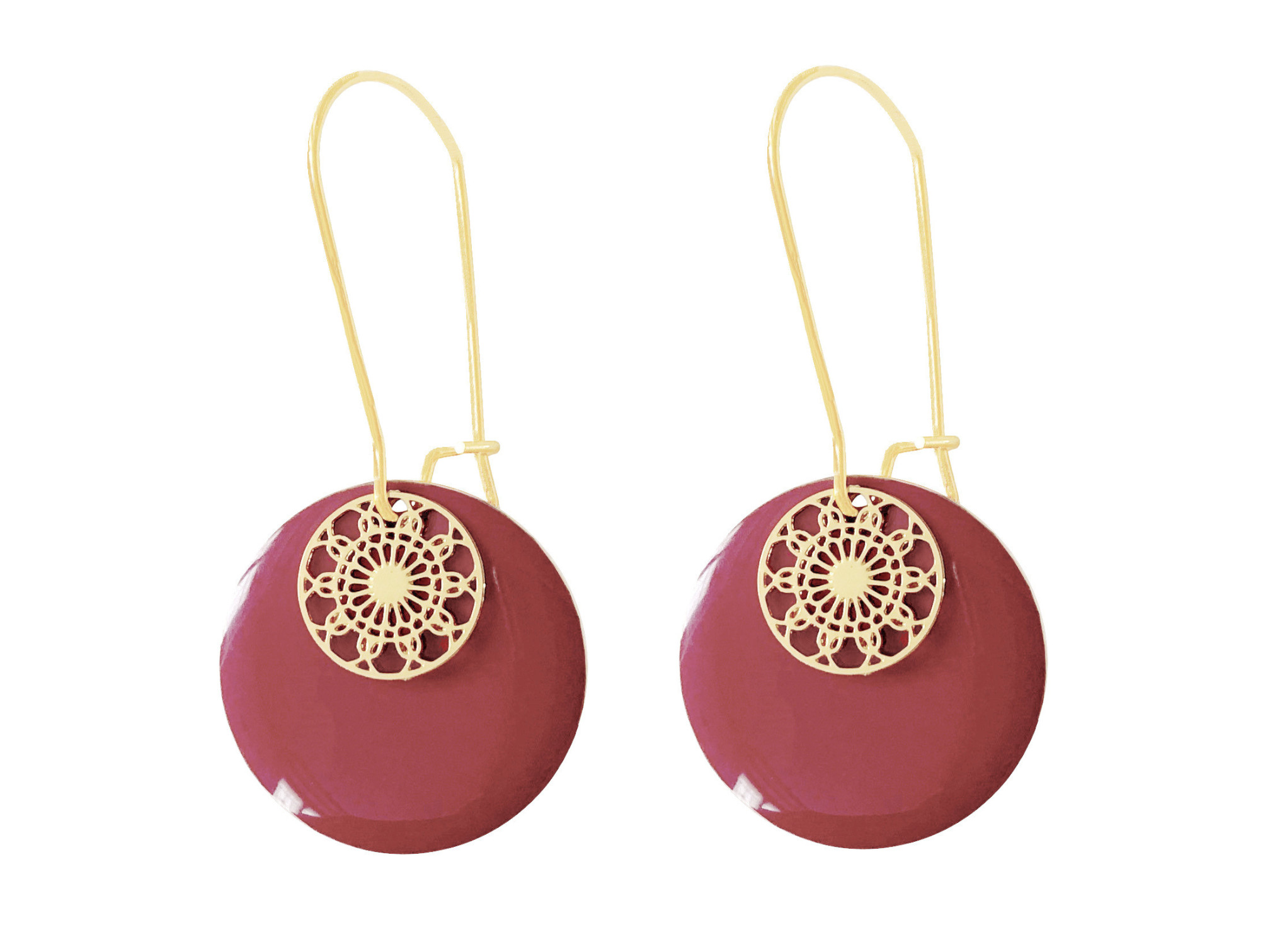 Boucles doreilles LAKHTA pendantes acier inoxydable doré or sequin émaillé rond couleur rouge minimaliste