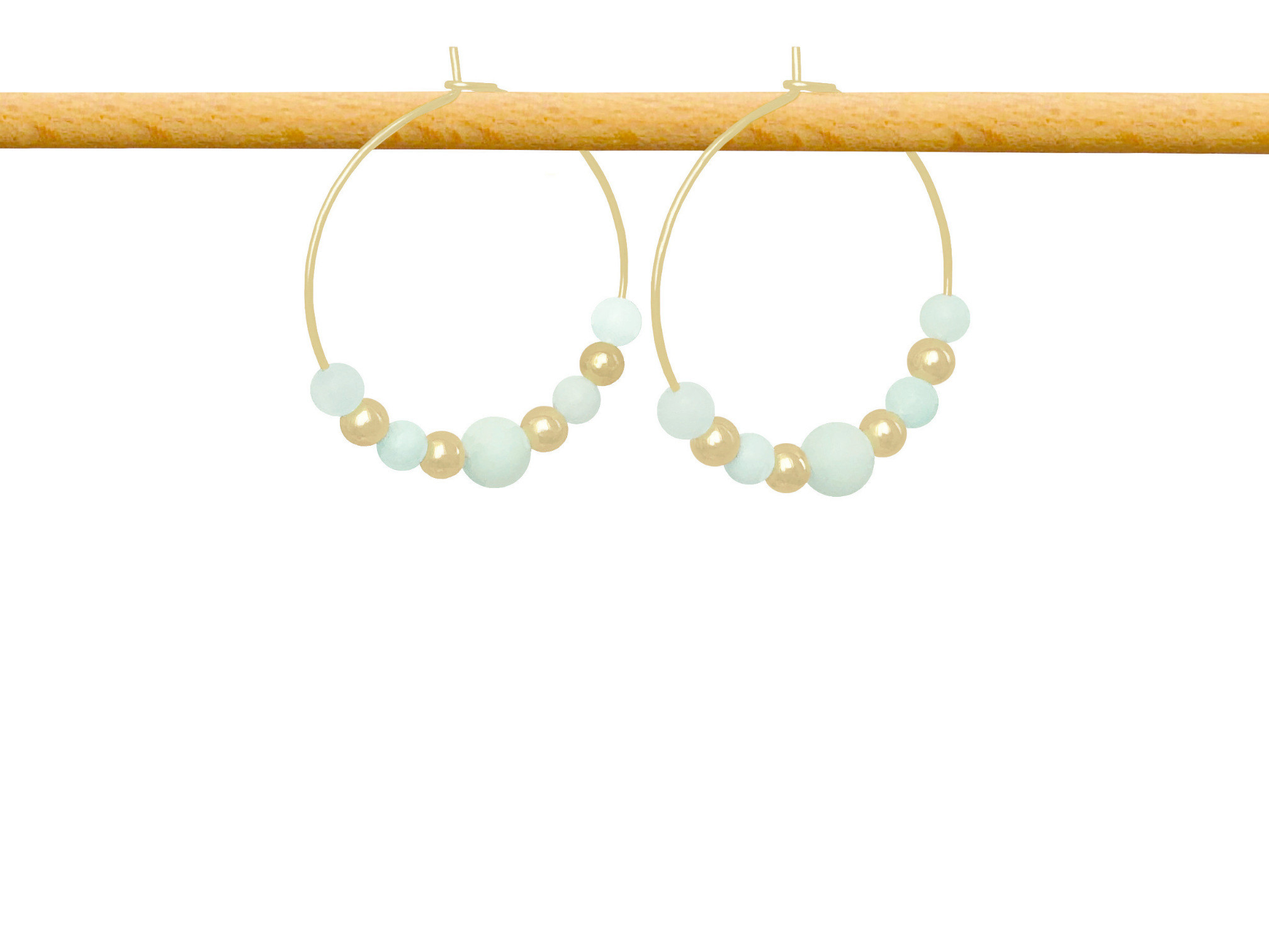 Boucles d'oreilles NADIYYA créoles dorées or perles naturelles semi précieuses amazonite verte-minimaliste-bohème- MARJANE et Cie