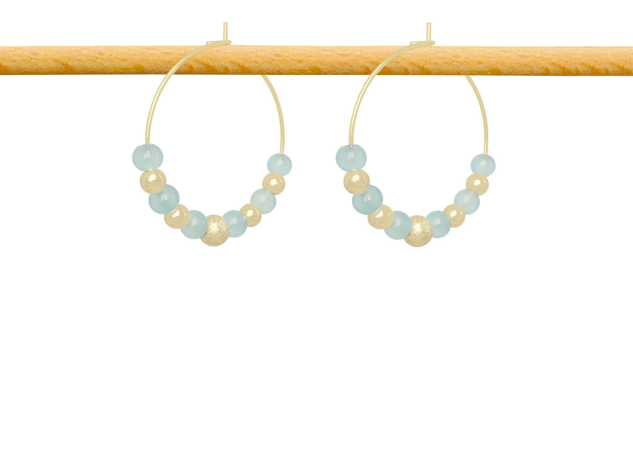 Boucles d'oreilles SABRA créoles dorées or perles naturelles semi précieuses agate bleue-minimaliste-bohème-tendance - MARJANE et Cie