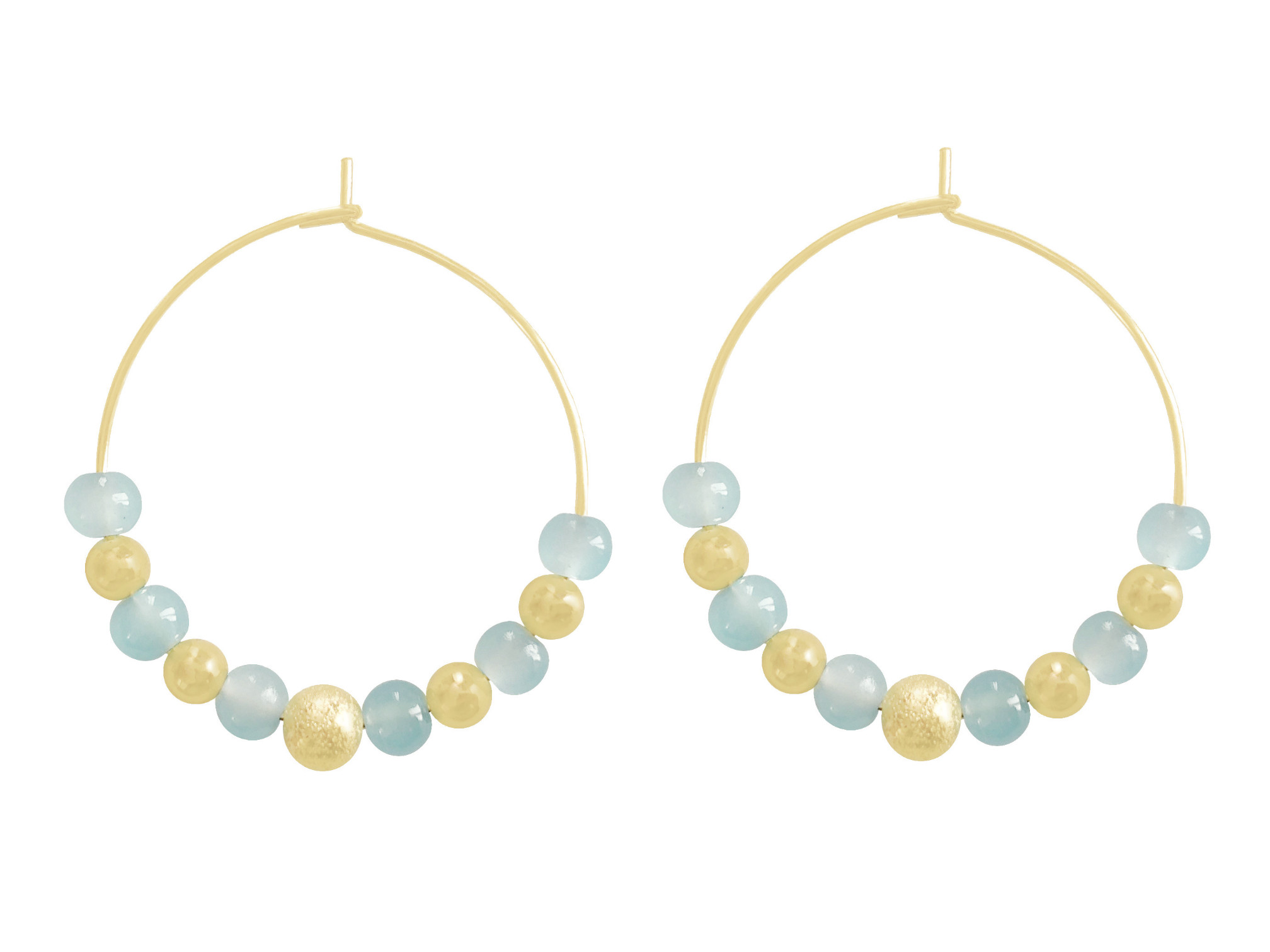 Boucles doreilles SABRA créoles dorées or perles naturelles agate bleue minimaliste
