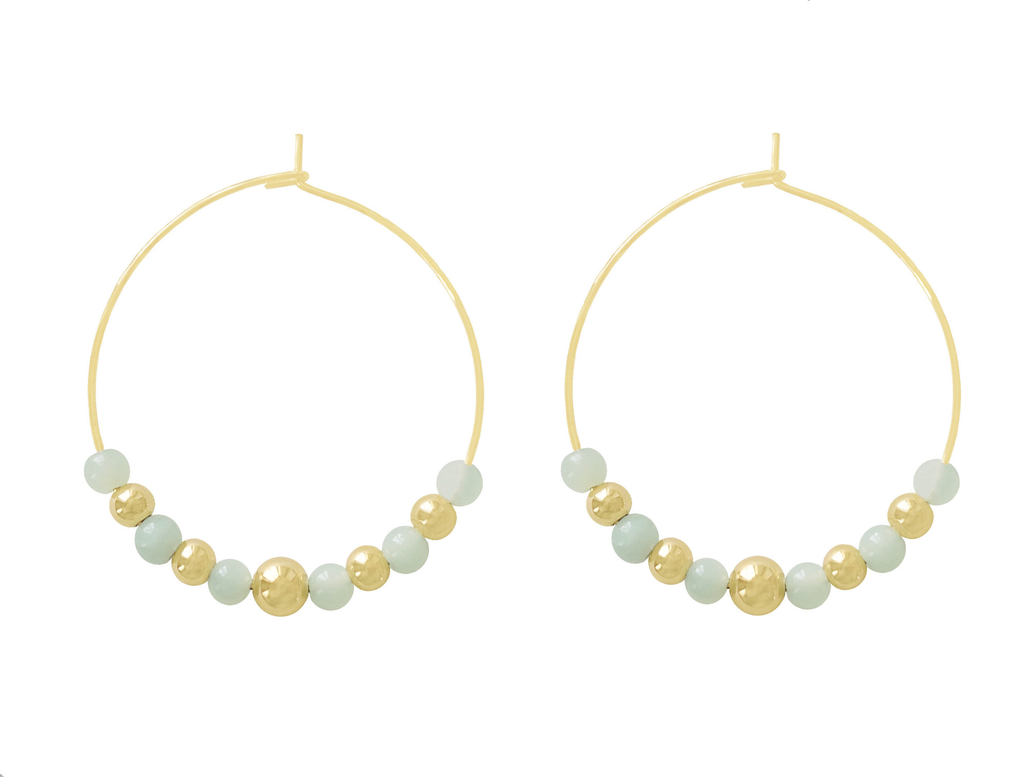 Boucles doreilles NIZAM grandes créoles dorées or perles naturelles amazonite couleur verte minimaliste