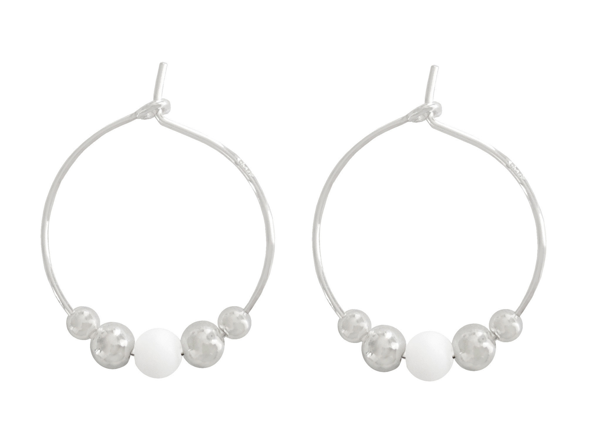 Boucles doreilles RIDHAA créoles argent 925 massif perle naturelle agate couleur blanche minimaliste