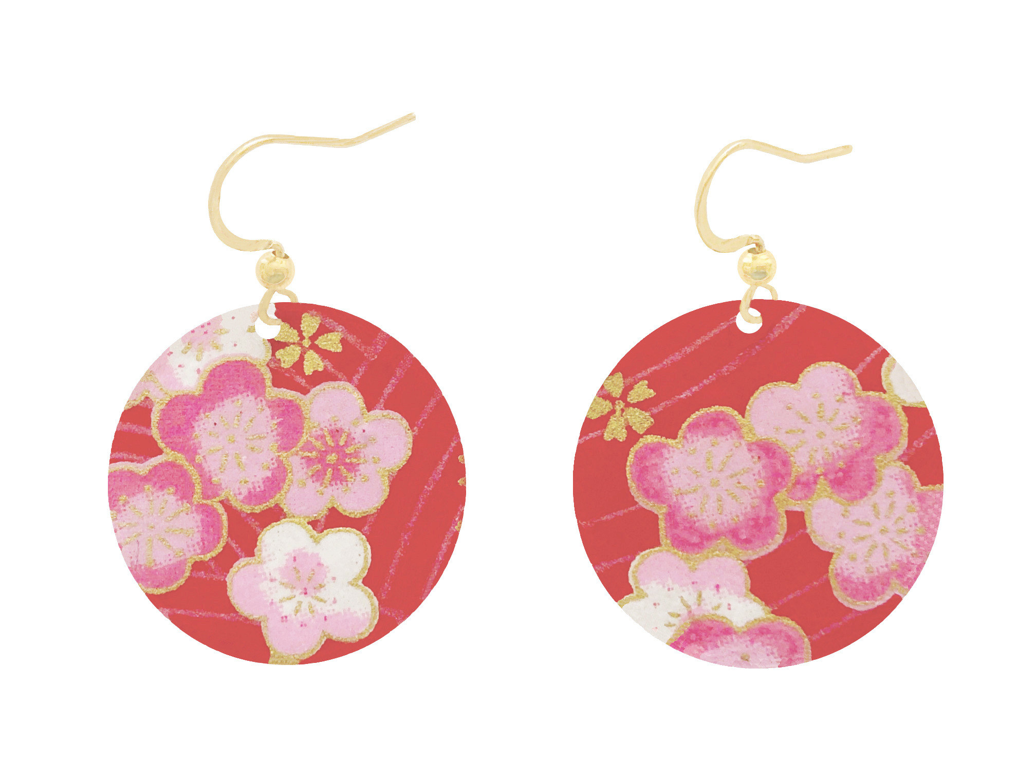 Boucles doreilles REIKO acier inoxydable doré or pendentif papier japonais washi fleurs couleur rouge rose