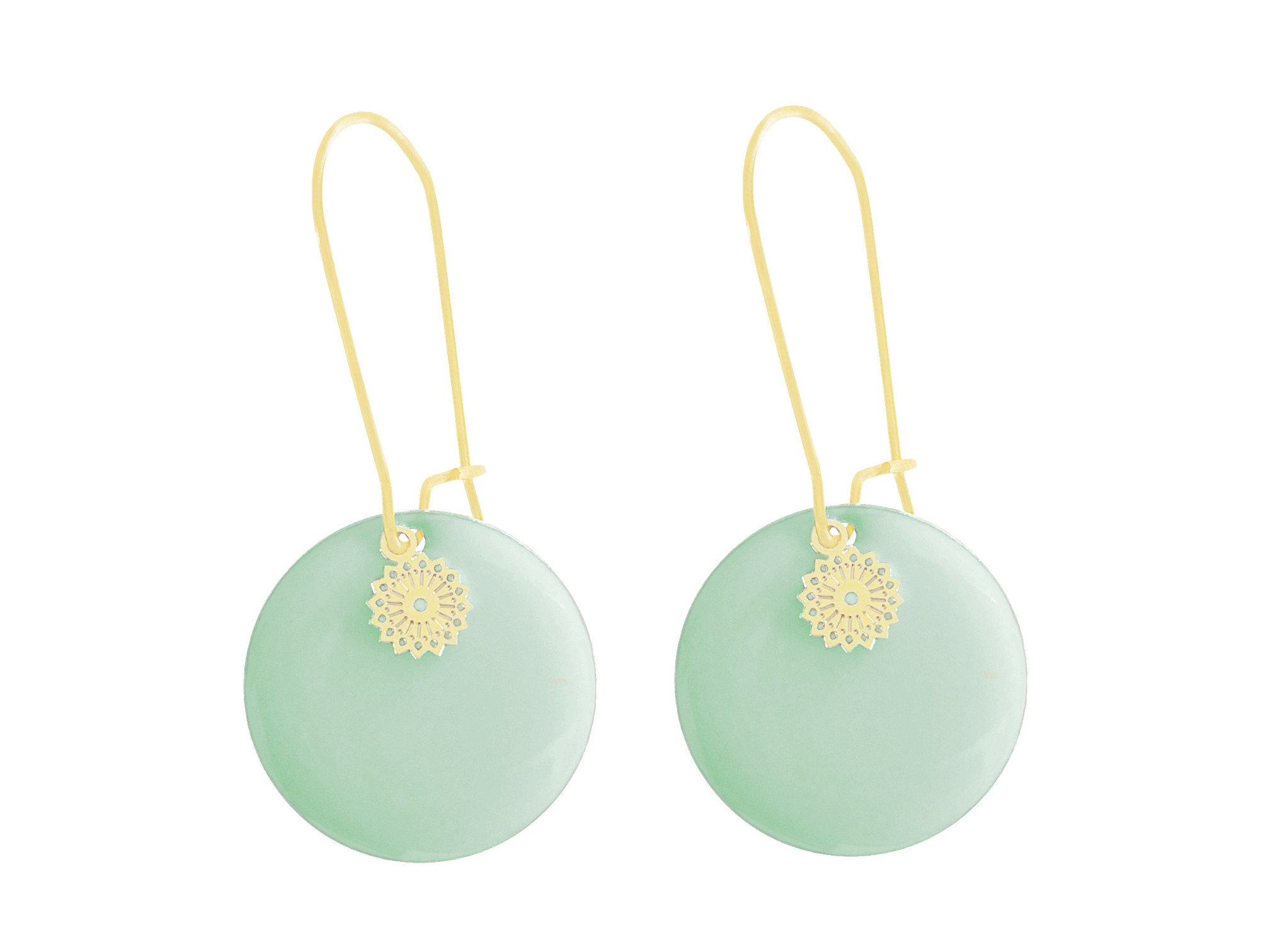 Boucles doreilles ZAWRA pendantes acier inoxydable doré or sequin émaillé vert minimaliste