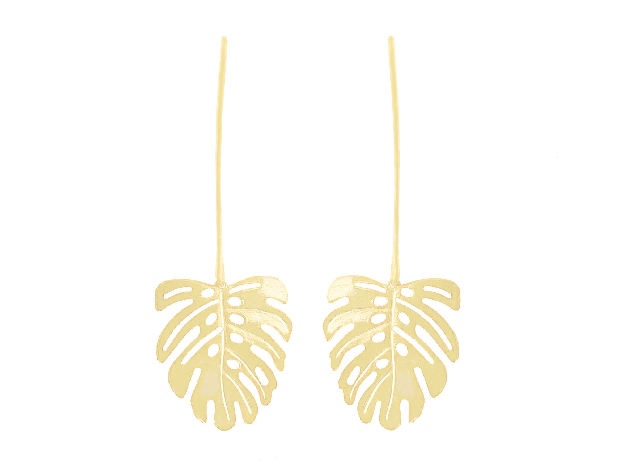 Boucles doreilles HAJAR longues dorées or pendentif feuille de Monstera deliciosa minimaliste