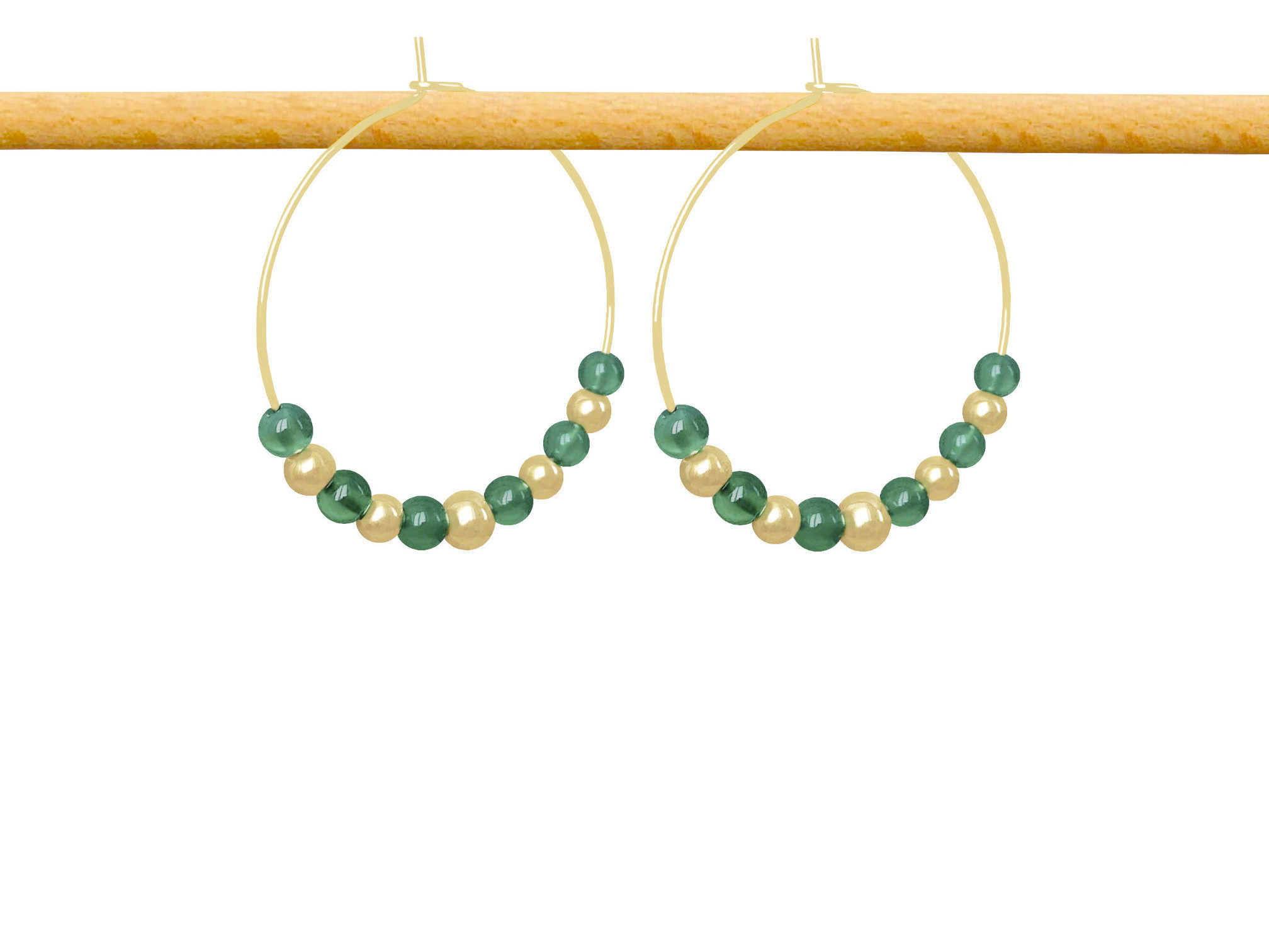 Boucles d'oreilles SAMRA grandes créoles dorées à l'or fin perles naturelles semi précieuses agate verte-minimaliste-bohème- MARJANE et Cie