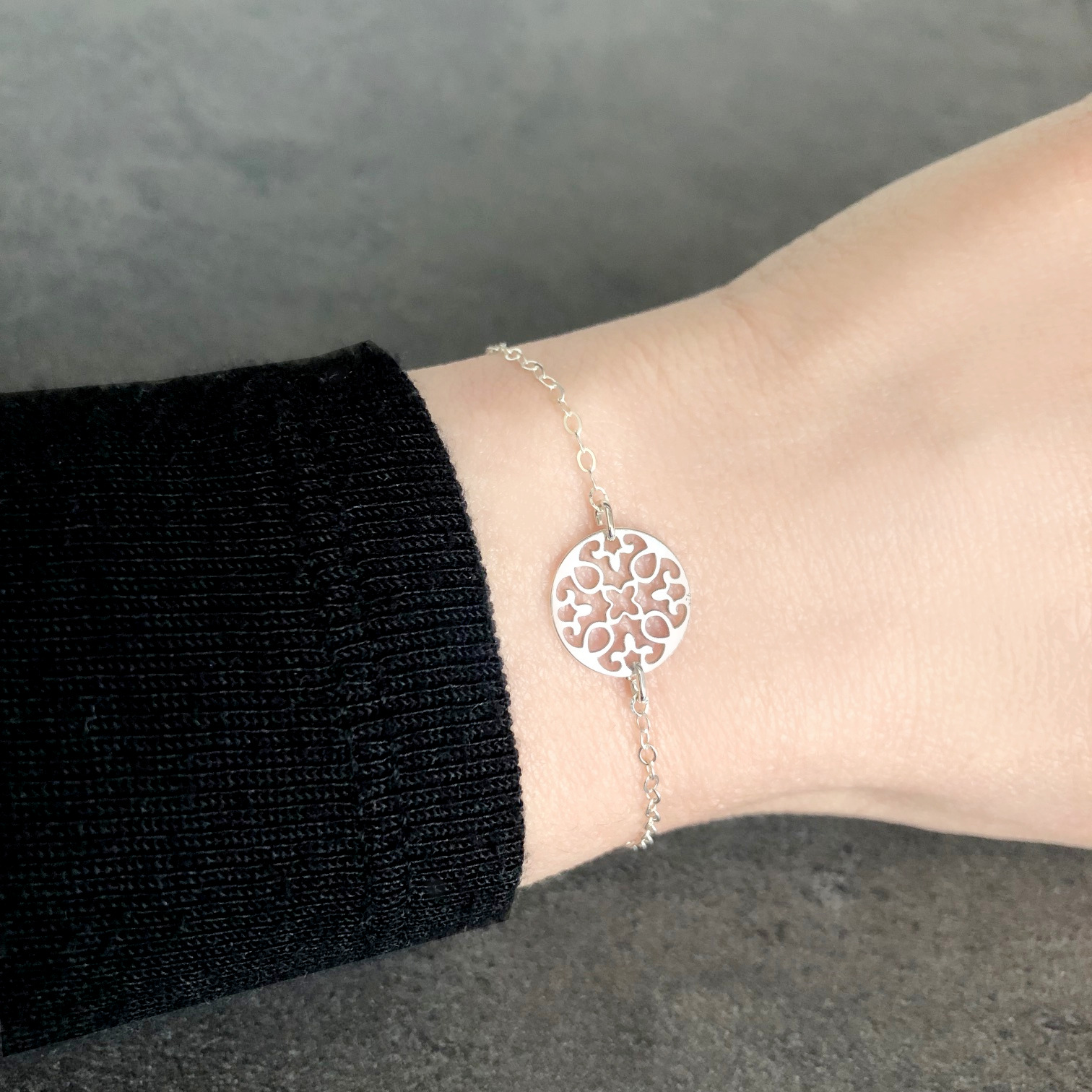 Bracelet ROKAYA argent massif 925 rond rosace fleur-bohème