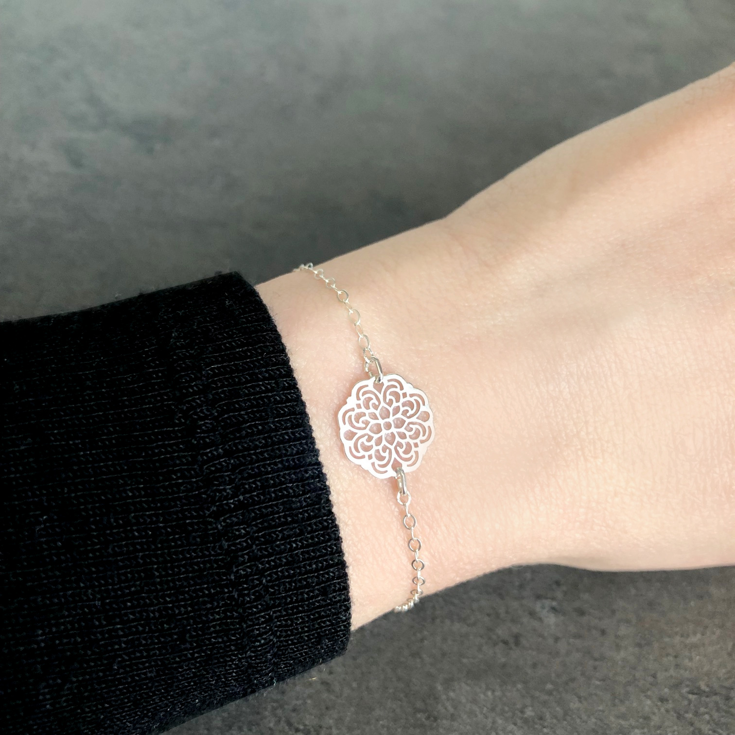 Bracelet AÏCHA argent massif 925 connecteur rosace mandala fleur-minimaliste