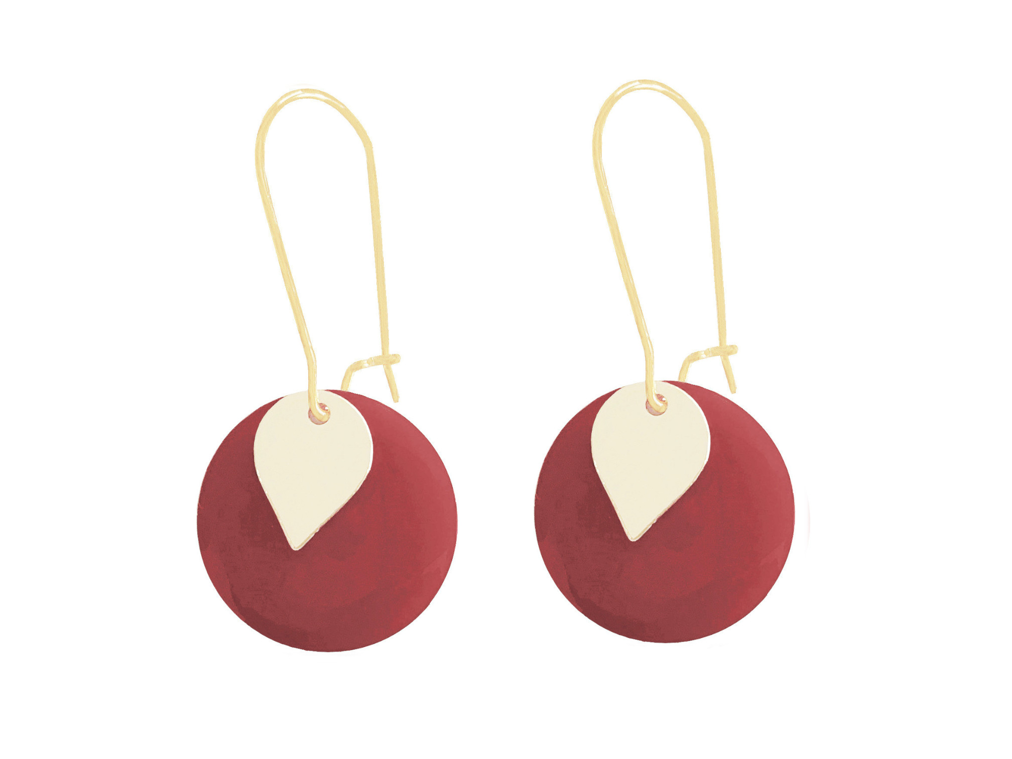 Boucles doreilles RACHA pendantes acier inoxydable doré or sequin émaillé rond rouge minimaliste