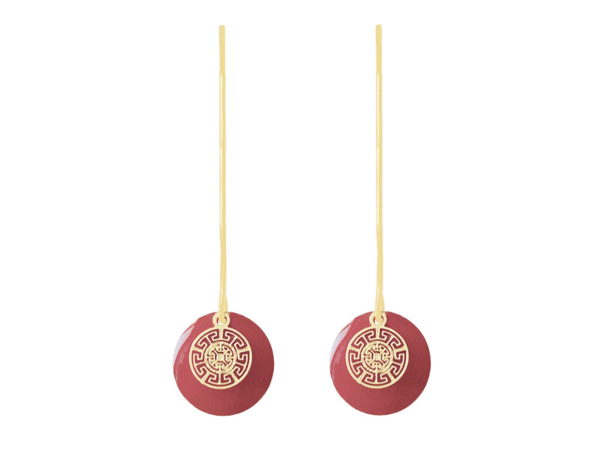 Boucles doreilles NIGAR2 pendantes acier inoxydable doré or sequin émaillé rond rouge minimaliste