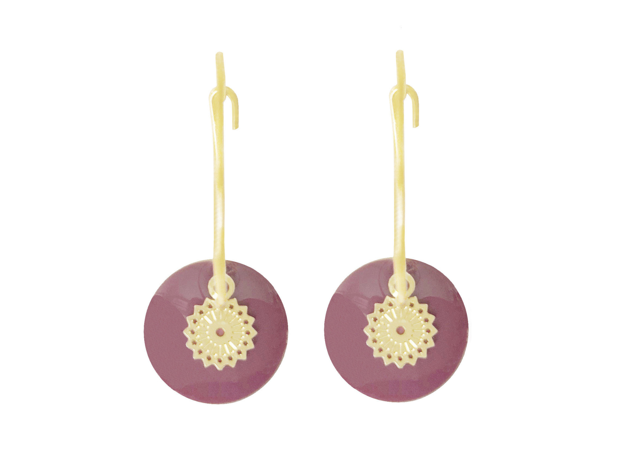 Boucles doreilles BARSALA créoles acier inoxydable doré or sequin émaillé rond violet minimaliste