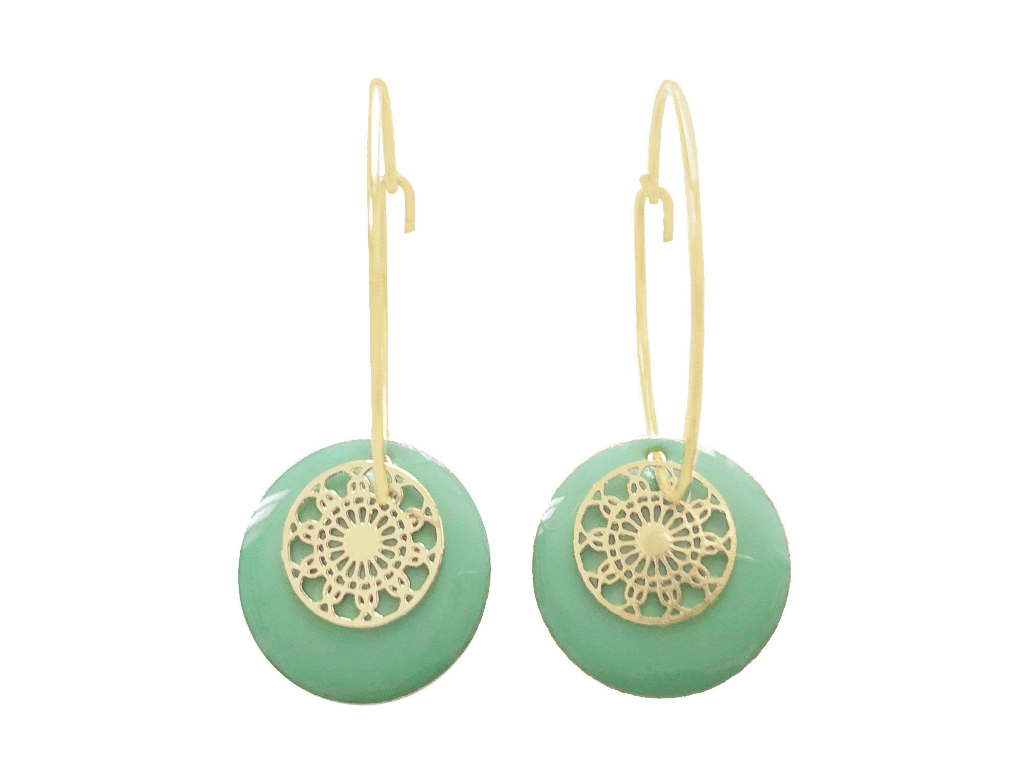 Boucles doreilles DANIYA créoles acier inoxydable doré or sequin émaillé rond vert minimaliste