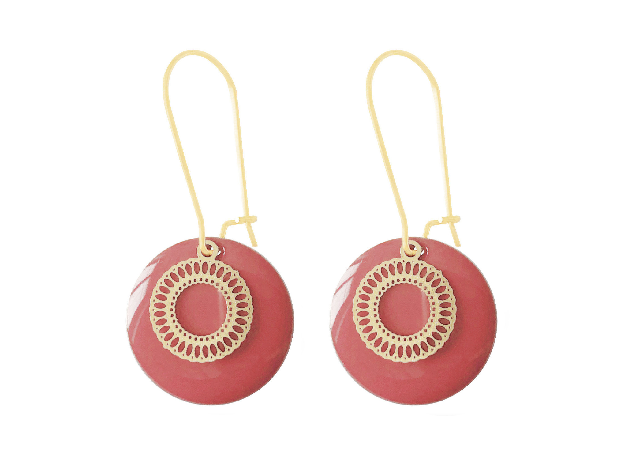 Boucles doreilles ZIYA pendantes acier inoxydable doré or sequin émaillé rouge minimaliste