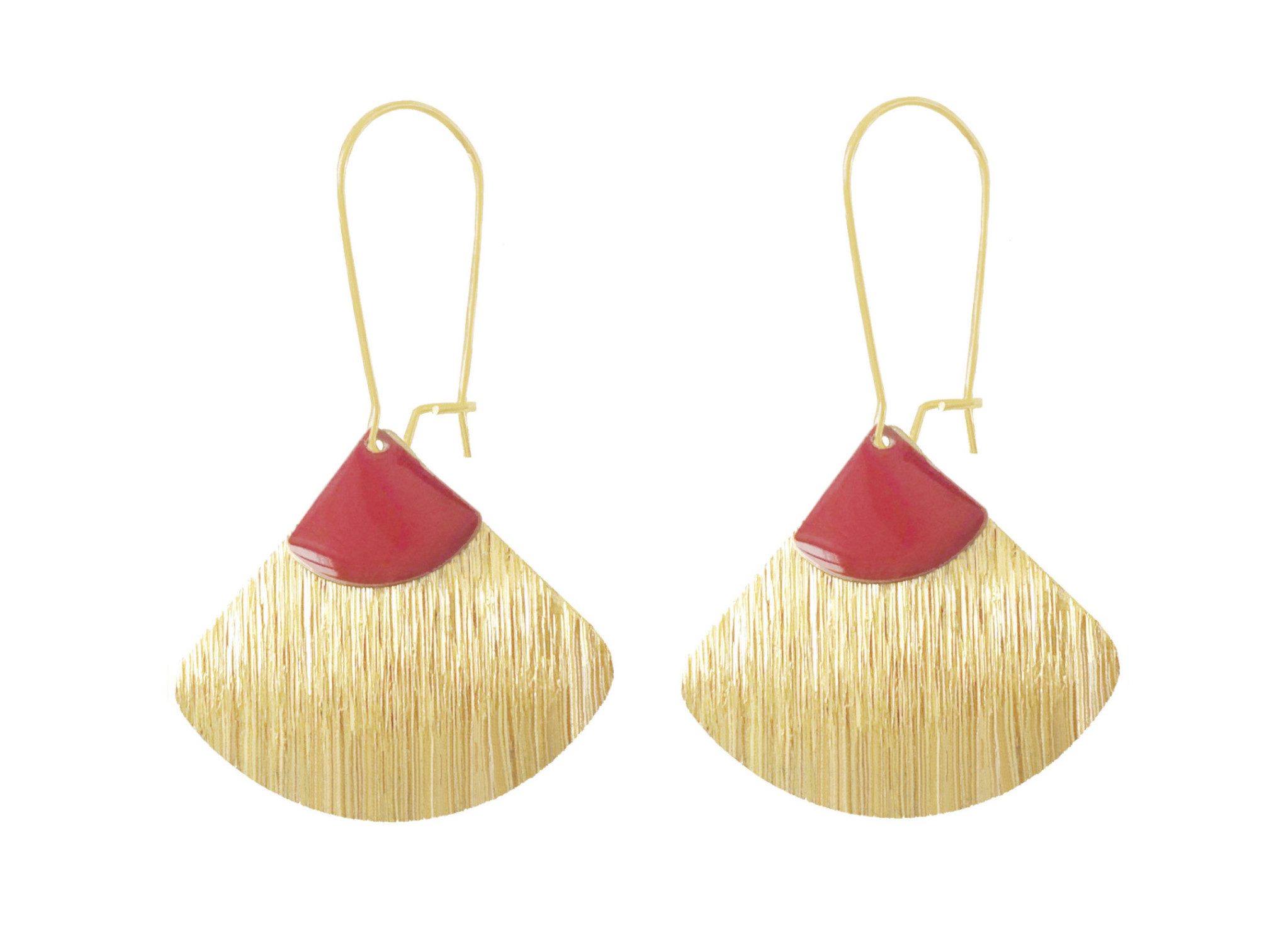Boucles doreilles MALIA3 pendantes acier inoxydable or sequin émaillé graphique rouge minimaliste