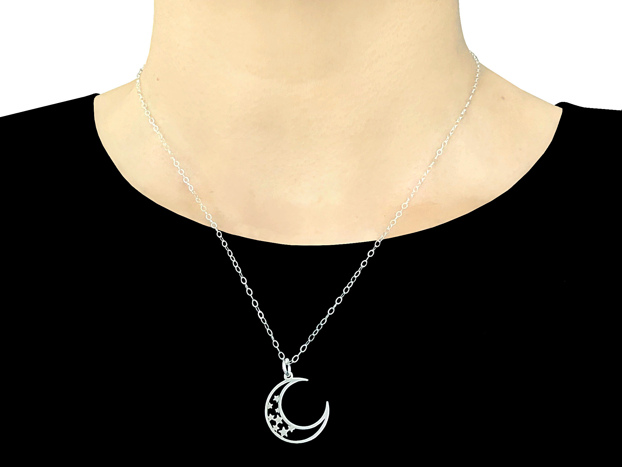 Collier HILOLA argent massif 925 pendentif croissant de lune étoiles-bohème