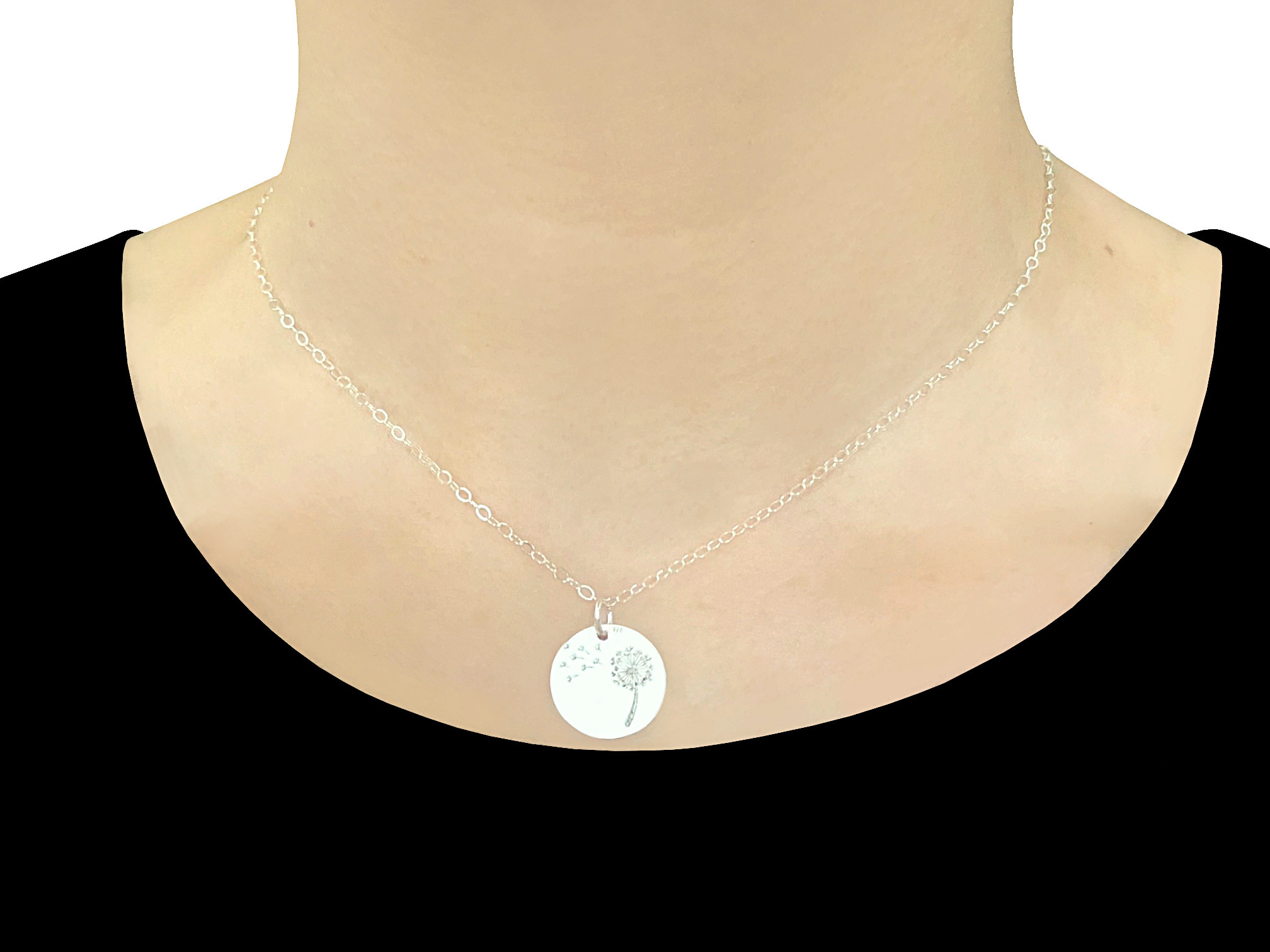 Collier RABIA argent 925 pendentif rond fleur de pissenlit bohème