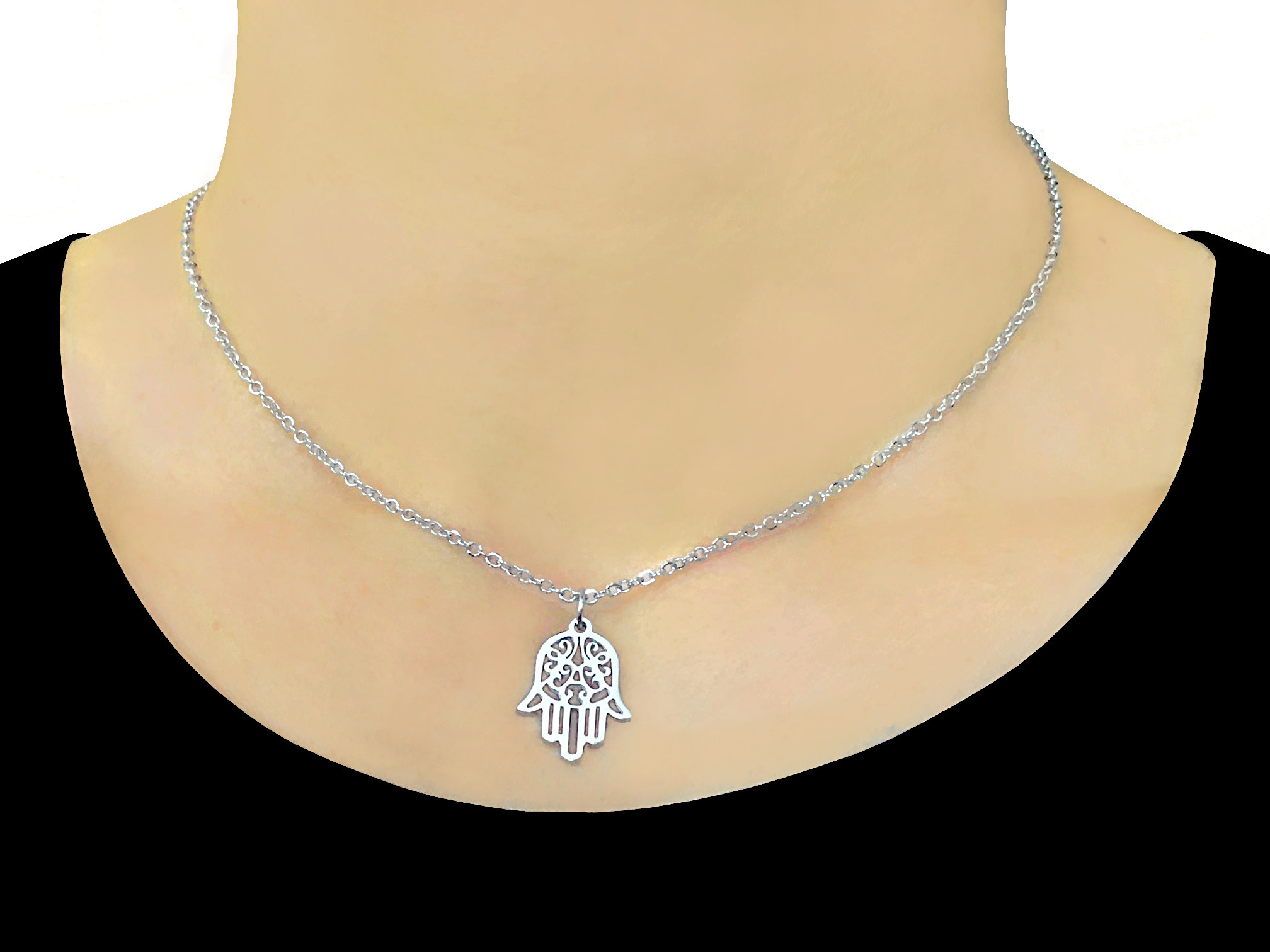 Collier TAFUST acier inoxydable argent Main de Fatma Fatima Khamsa Hamsa oriental bohème