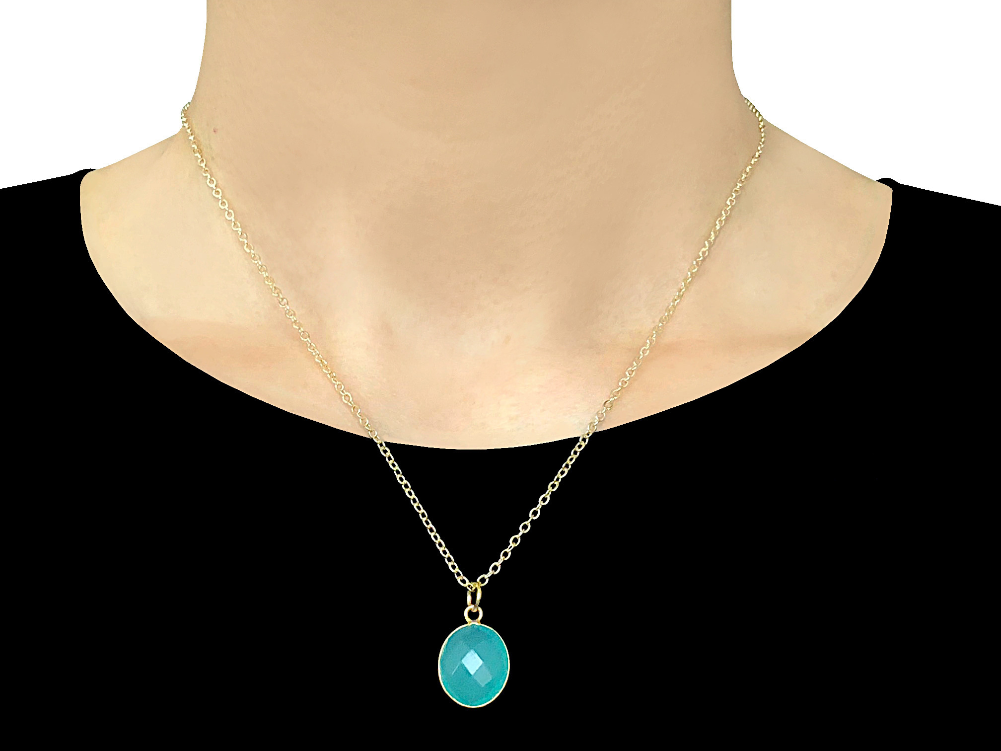 Collier CHABA doré or pendentif pierre naturelle calcédoine aqua couleur bleue