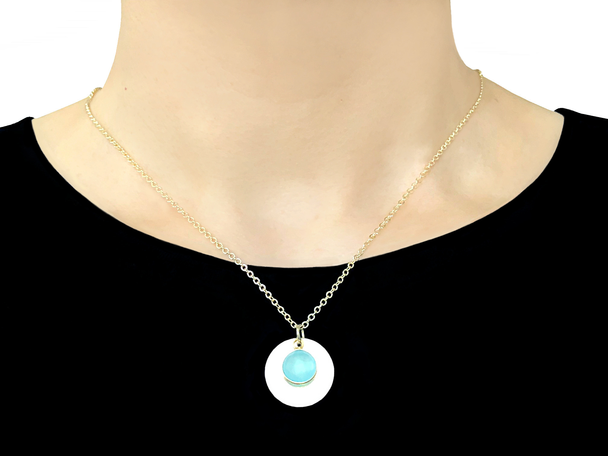 Collier FARIA doré or pendentifs sequin et pierre naturelle calcédoine couleur bleue-minimaliste