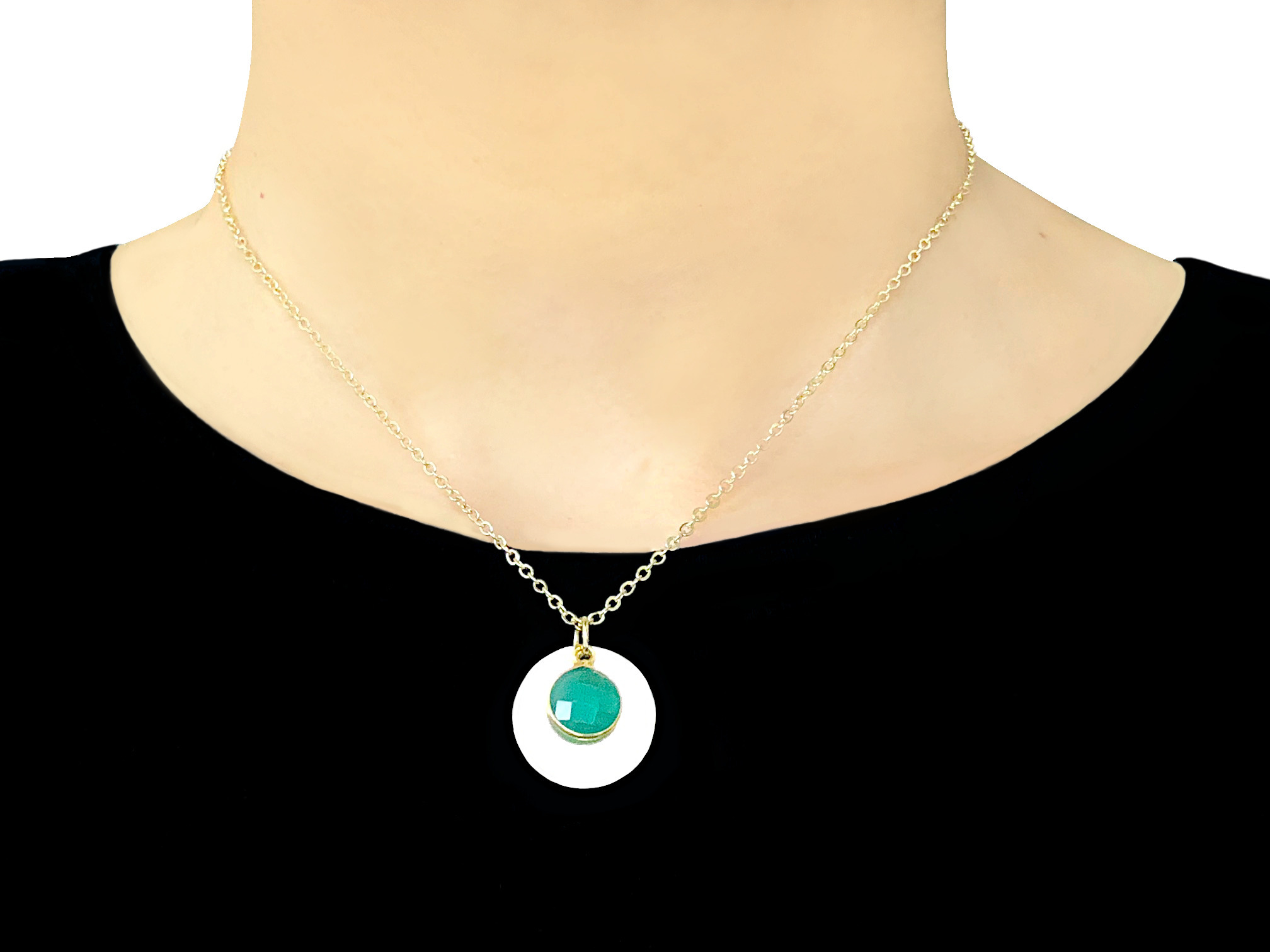 Collier FATNA doré or pendentifs médaille et pierre naturelle semi-précieuse onyx couleur vert-minimaliste