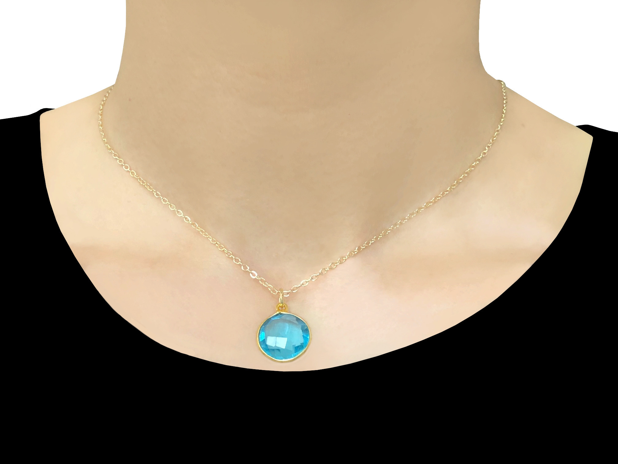 Collier JABIRA doré or pendentif pierre naturelle semi-précieuse topaze couleur bleue-minimaliste