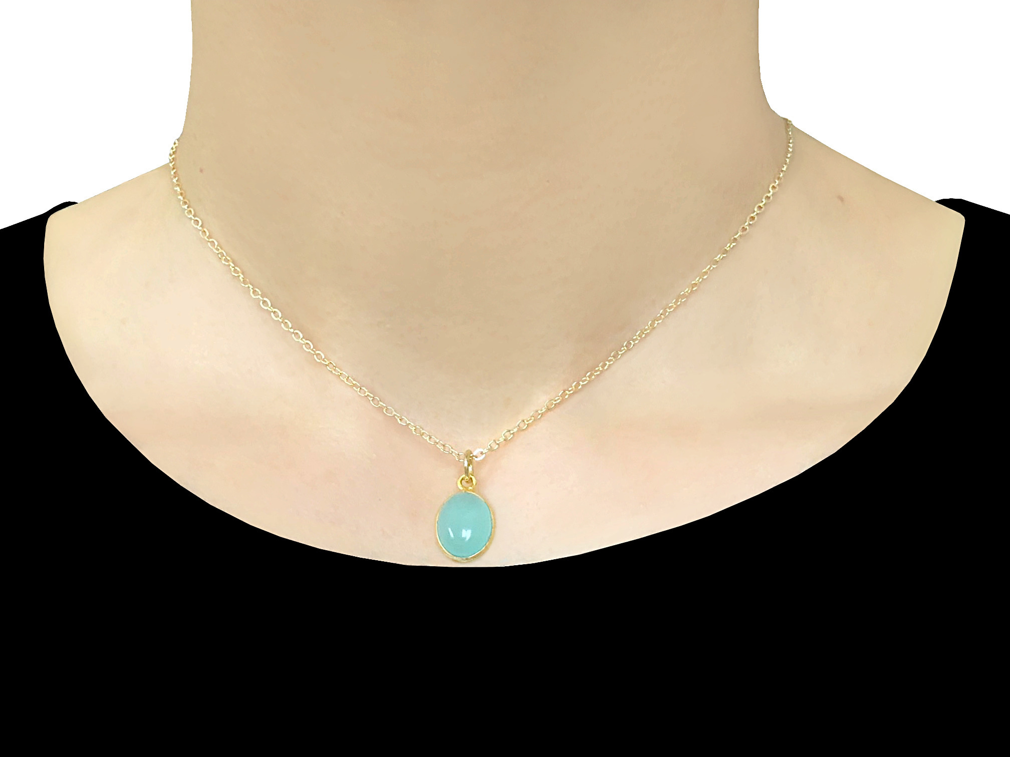 Collier JALILA doré or pendentif pierre naturelle semi-précieuse calcédoine aqua couleur bleue-minimaliste