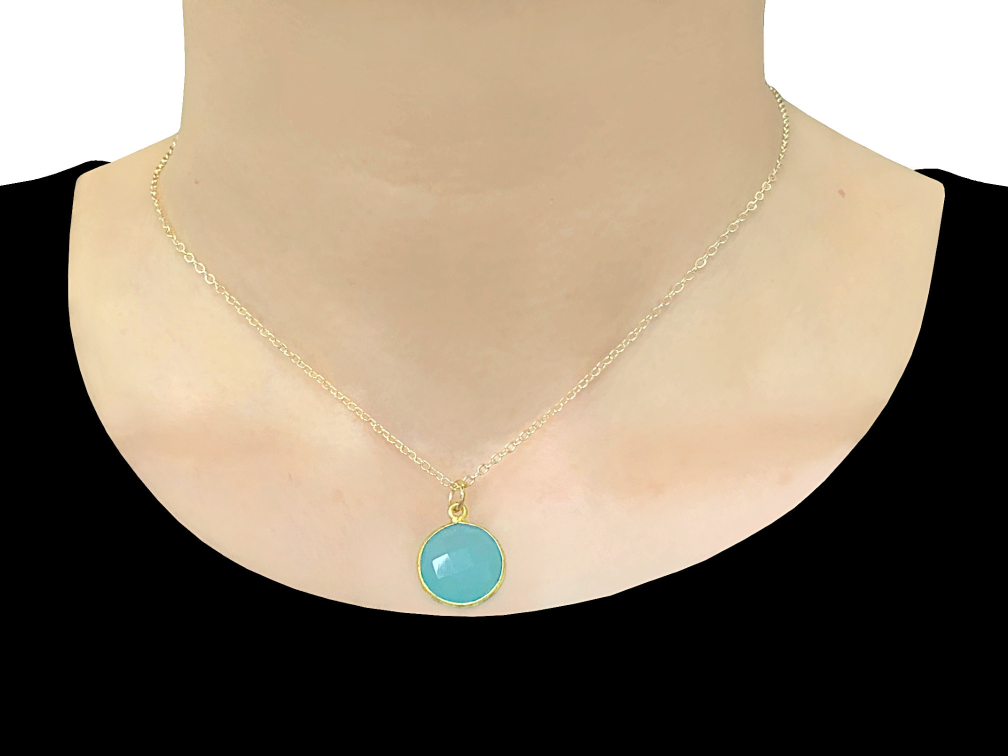 Collier MAÏSSAM doré or pendentif pierre naturelle semi-précieuse calcédoine aqua couleur bleue-minimaliste