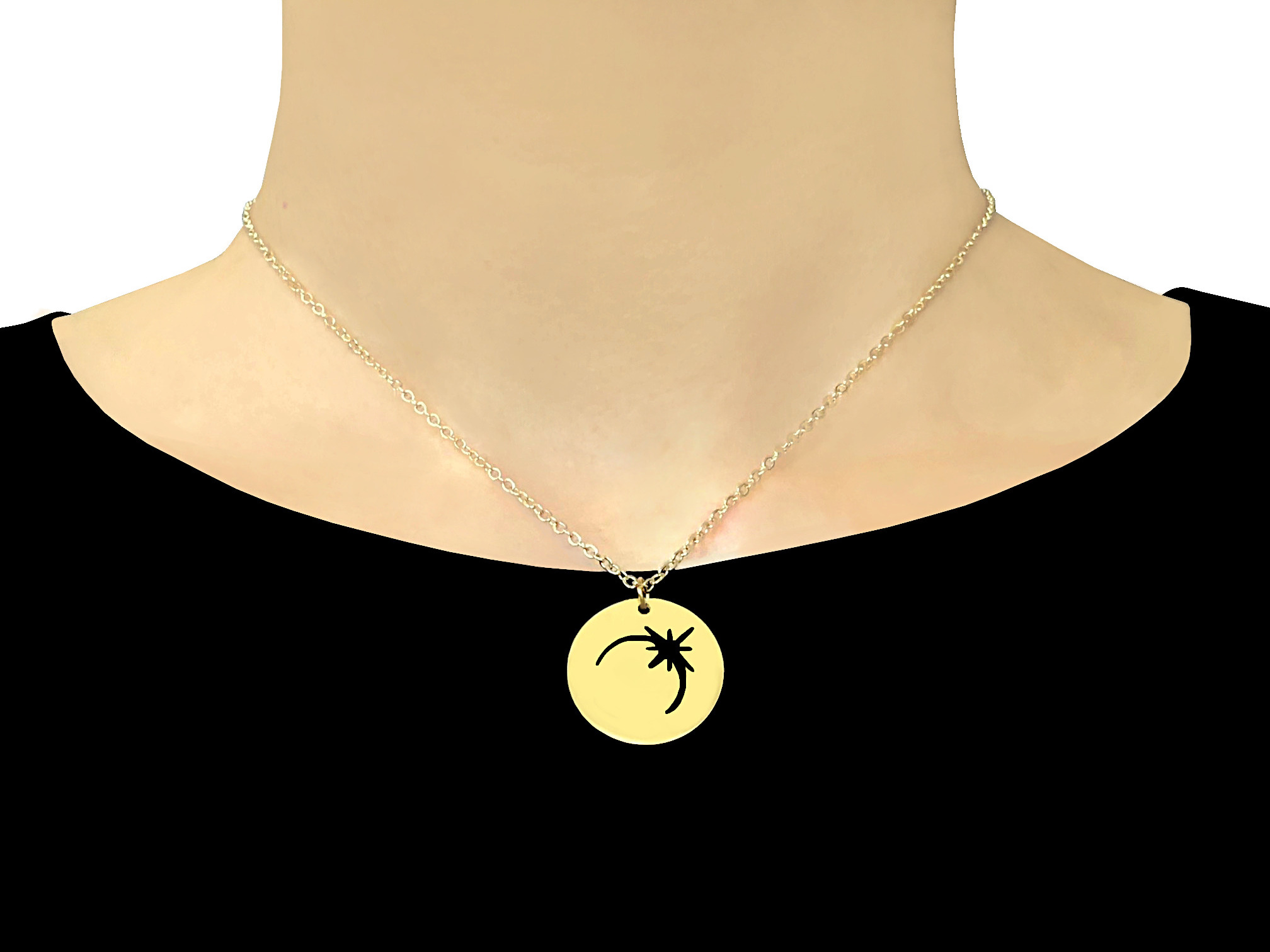 Collier SALENA doré or pendentif médaille lune-minimaliste