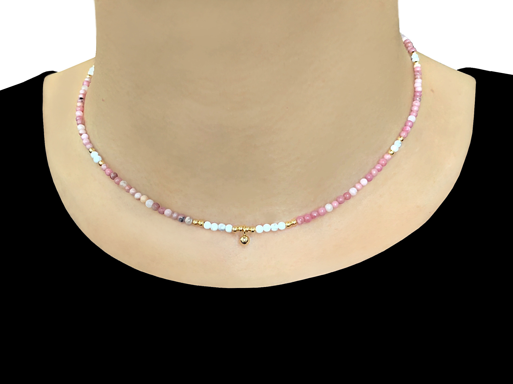 Collier AMBRINE2 perles naturelles rhodonite rose -ras du cou