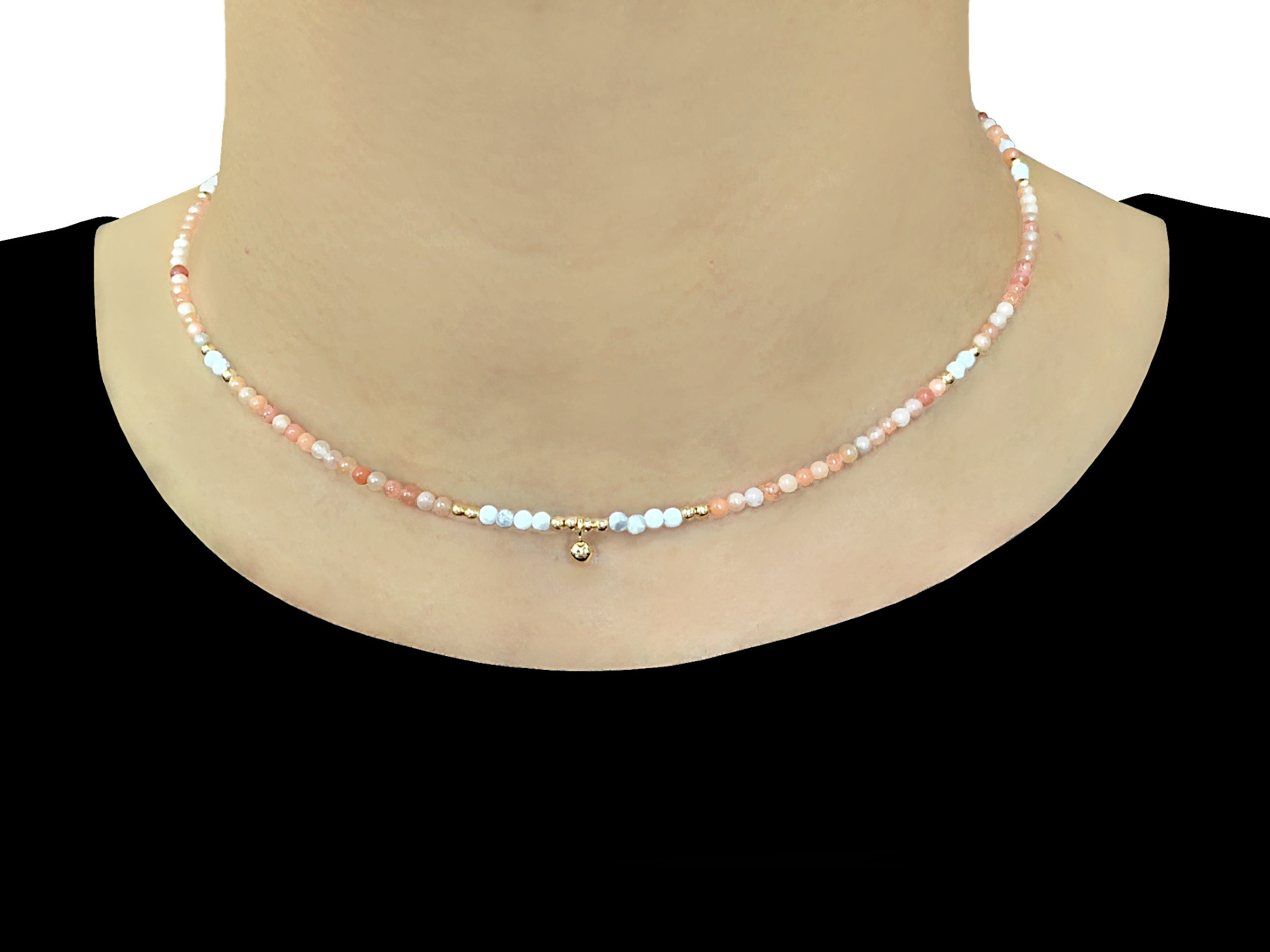 Collier AMBRINE7 perles naturelles aventurine rose orange -ras du cou