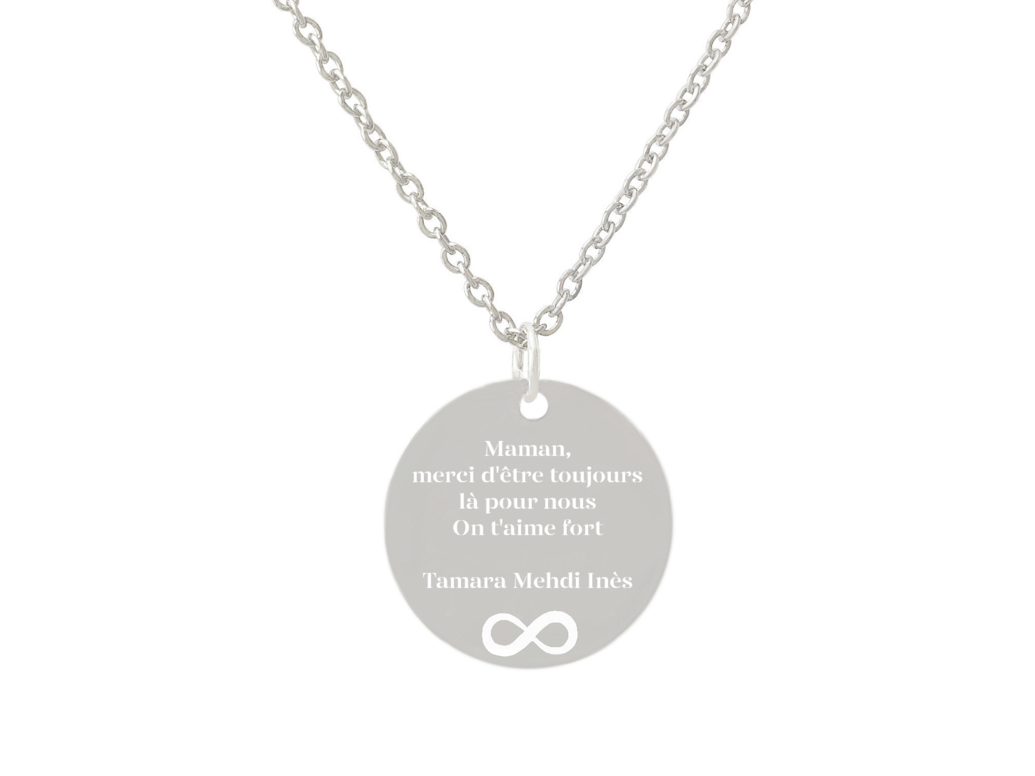 Collier CHANA1 femme acier inoxydable argent pendentif médaille gravée personnalisée - MARJANE et Cie