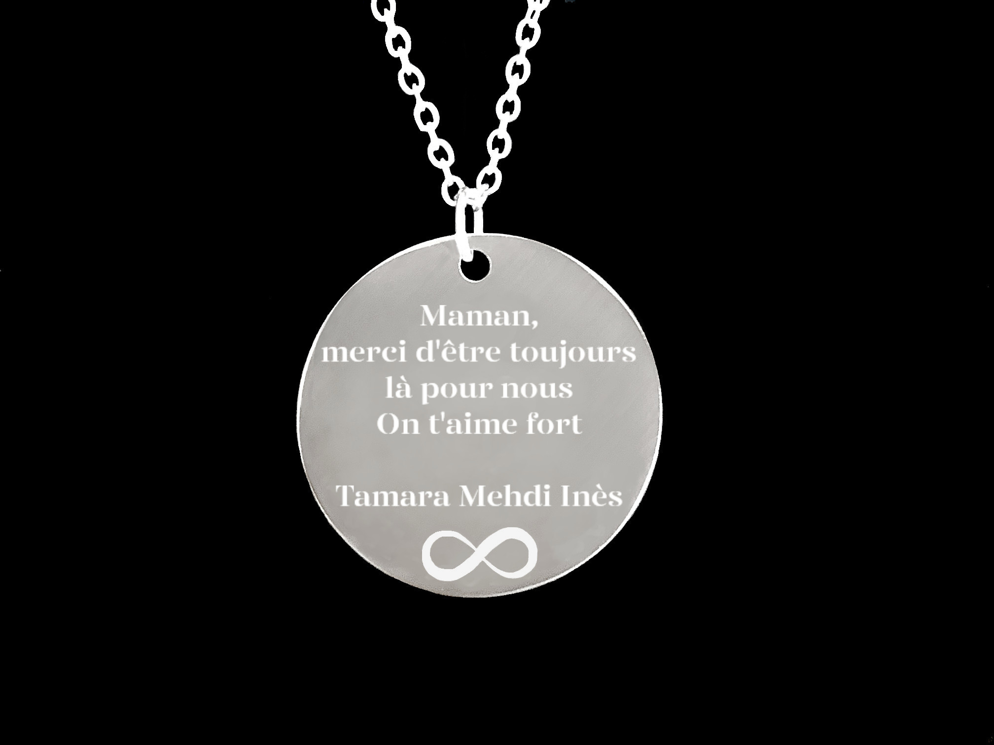 Collier CHANA1 acier inoxydable argent pendentif médaille gravée personnalisable fête des mères - MARJANE et Cie