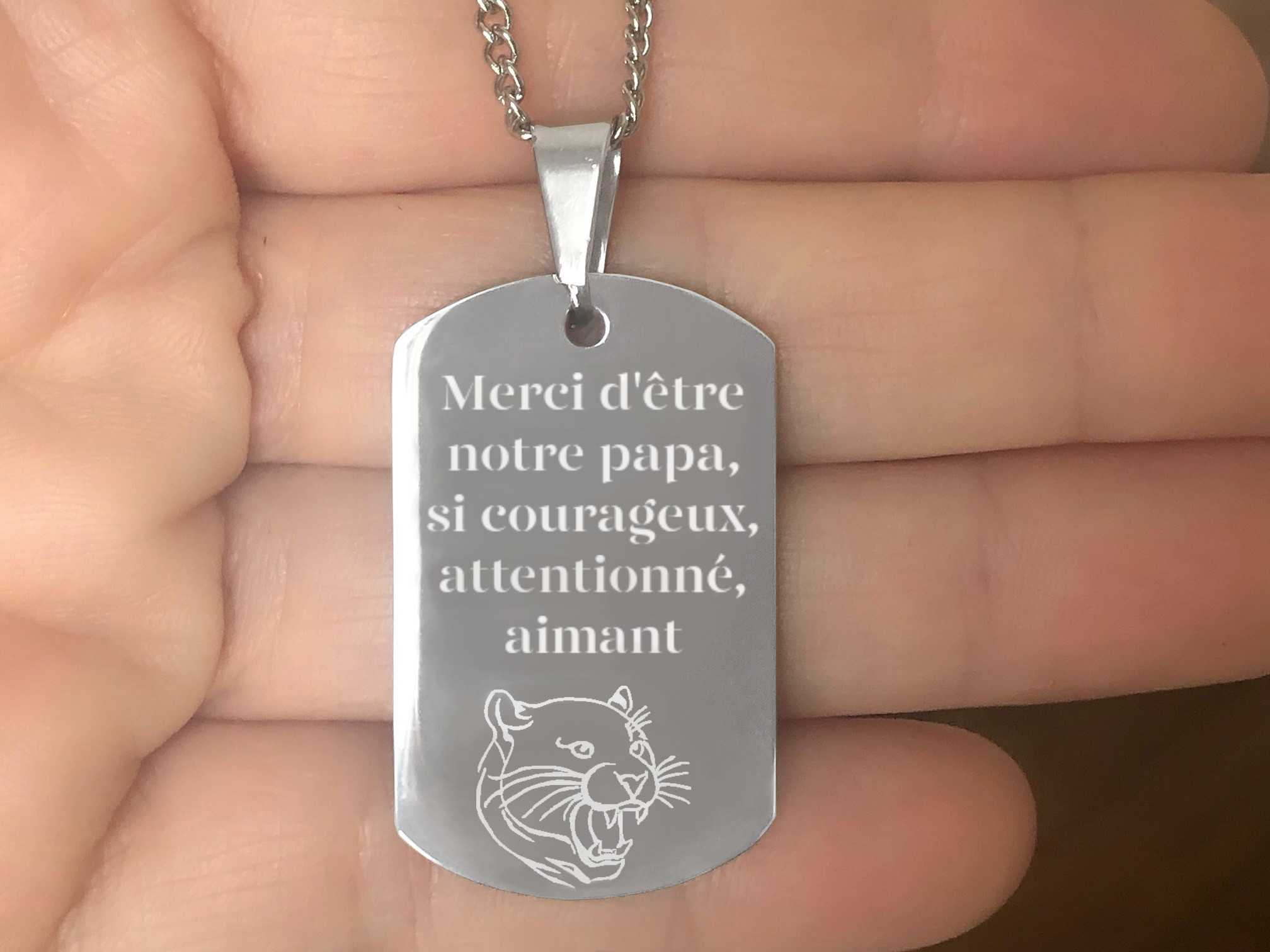 Collier KAMIL1 homme acier inoxydable argent médaille gravée cadeau fête des pères - MARJANE et Cie