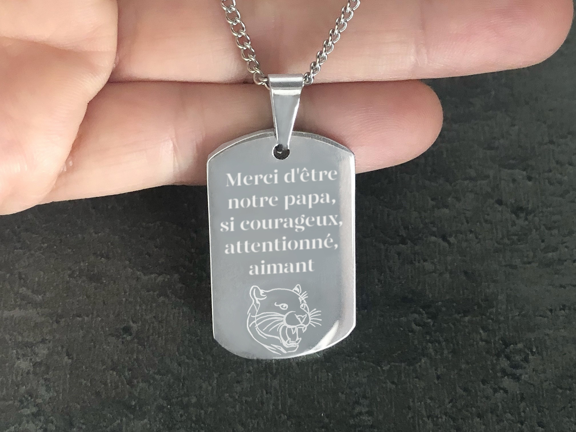 Collier KAMIL1 homme acier inoxydable argenté médaille militaire gravée bijou citation - MARJANE et Cie