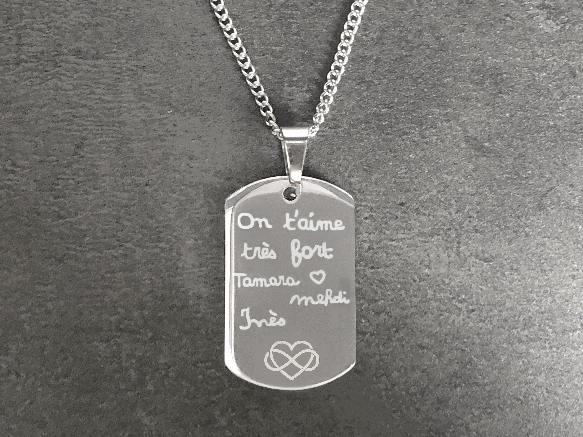 Collier KAMIL2 homme acier inoxydable argenté médaille militaire gravée mots manuscrits - MARJANE et Cie