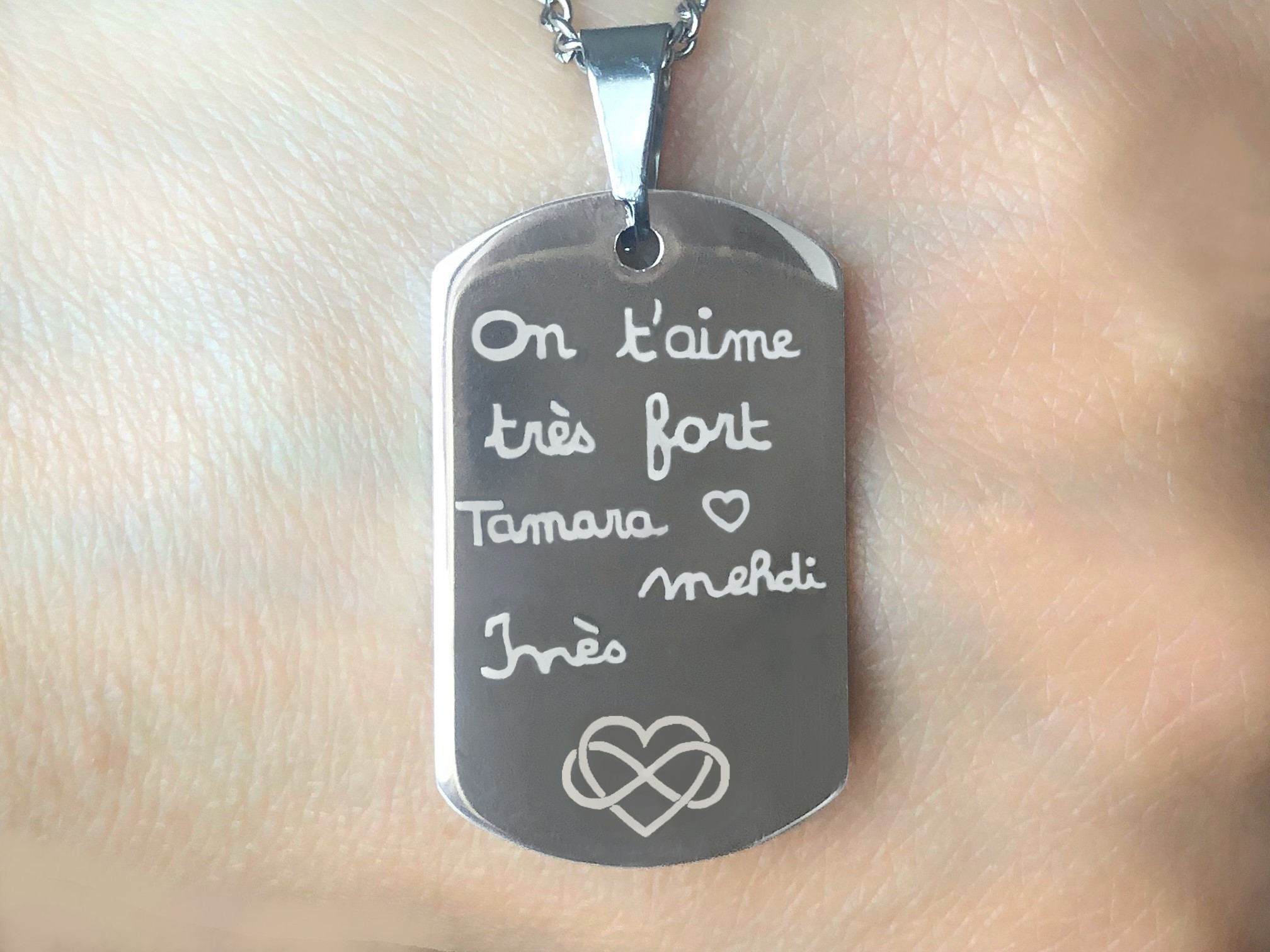 Collier KAMIL2 homme acier inoxydable argenté médaille militaire gravée message manuscrit - MARJANE et Cie