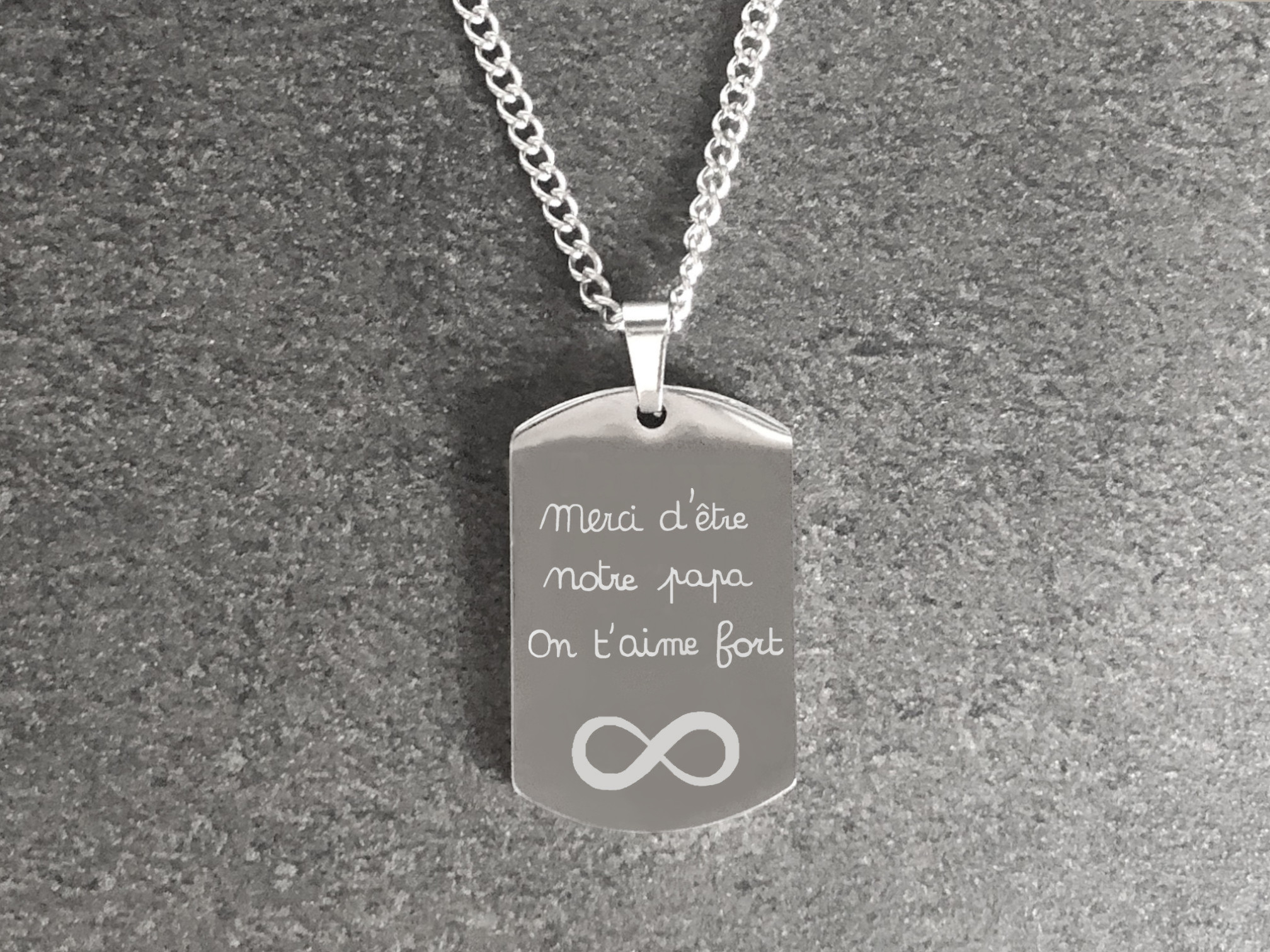 Collier DARIS2  homme acier inoxydable argent médaille militaire gravée personnalisable mots manuscrits - MARJANE et Cie