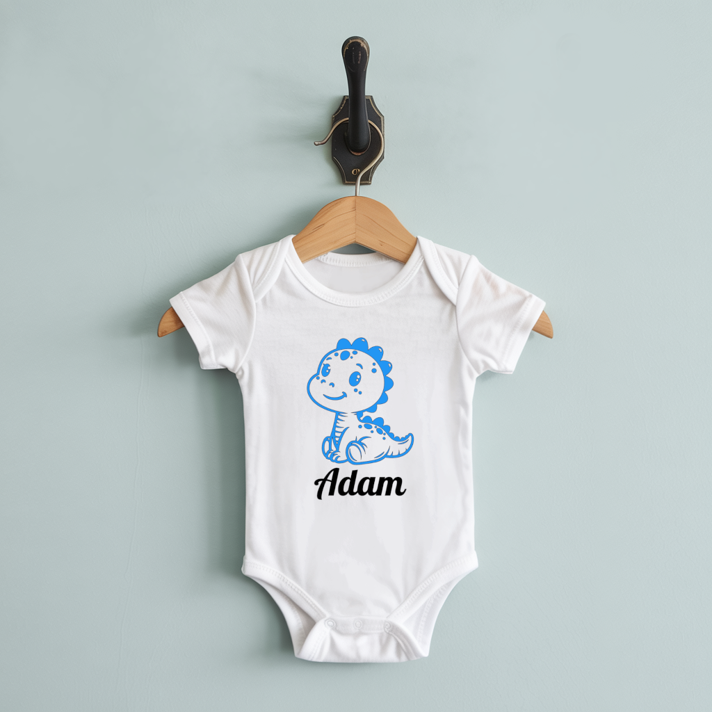 Body bébé personnalisable blanc avec prénom et dinosaure farceur suspendu - MARJANE et Cie